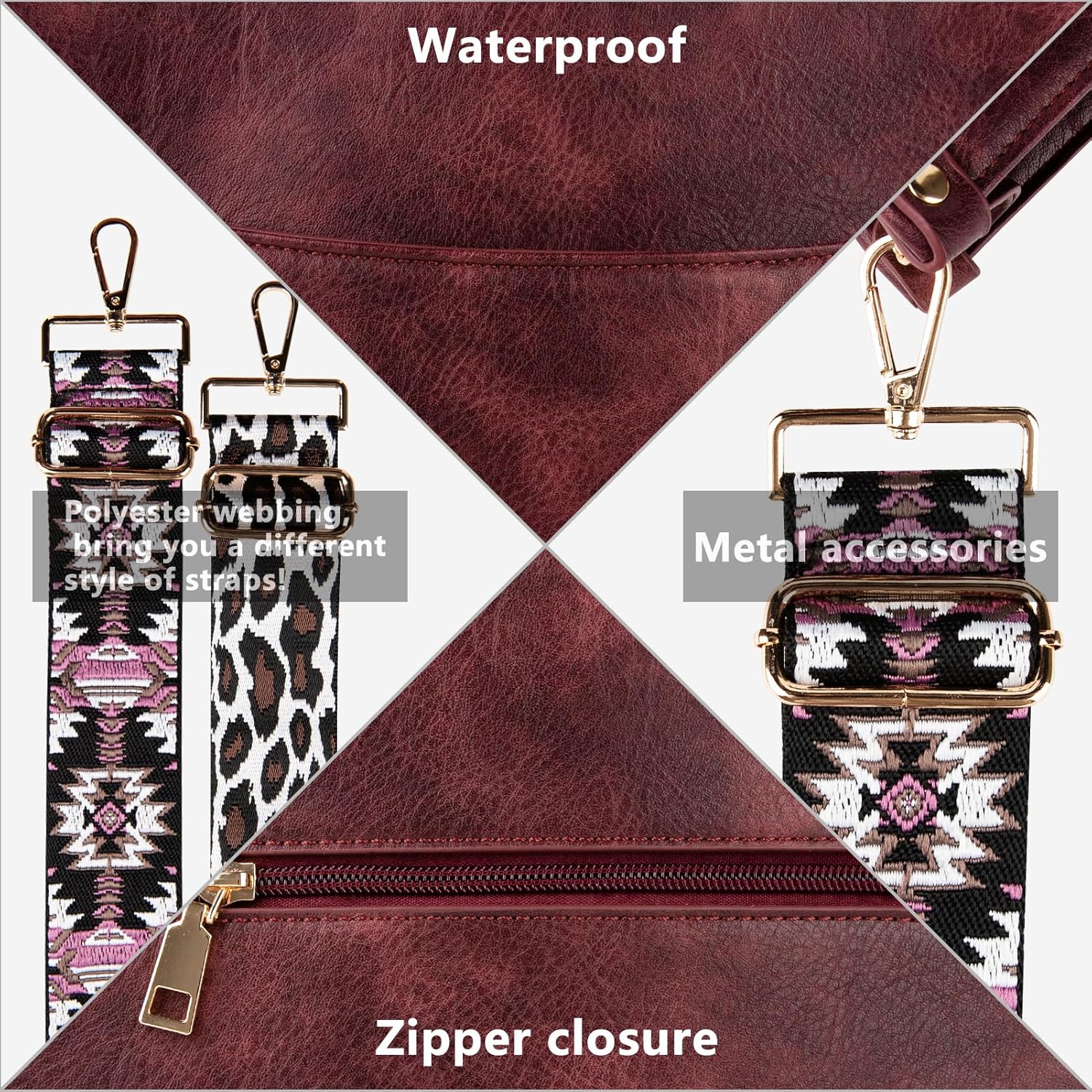 Viva Terry Crossbody Bags for Women Trendy Vegan Leather Shoulder Bag with 2 Adjustable Guitar Strap(Dark Red) - Image 6