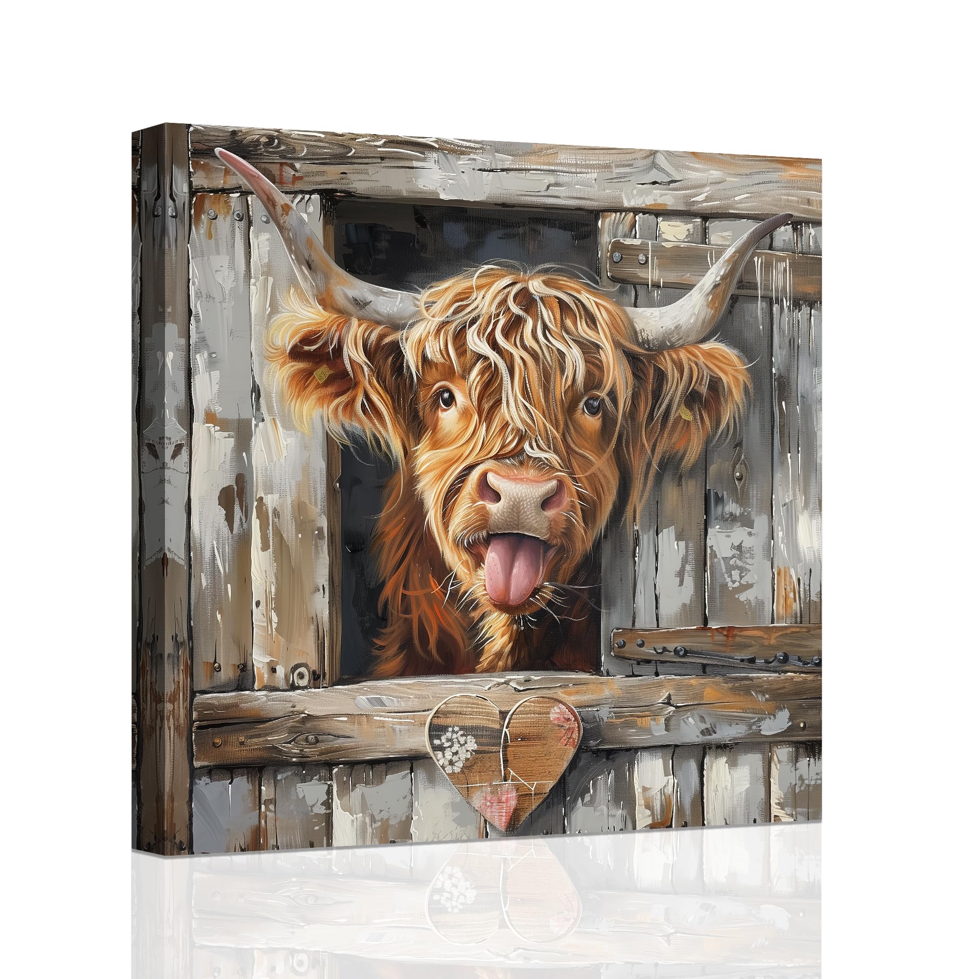 ZXHYWYM Highland Cow Picture Funny Highland Cattle Wall Art Prints Vintage Cow Painting Canvas Bathroom Farmhouse Kitchen Home Wall Decor Artwork Framed (Brown, (80.00 x 80.00 cms))