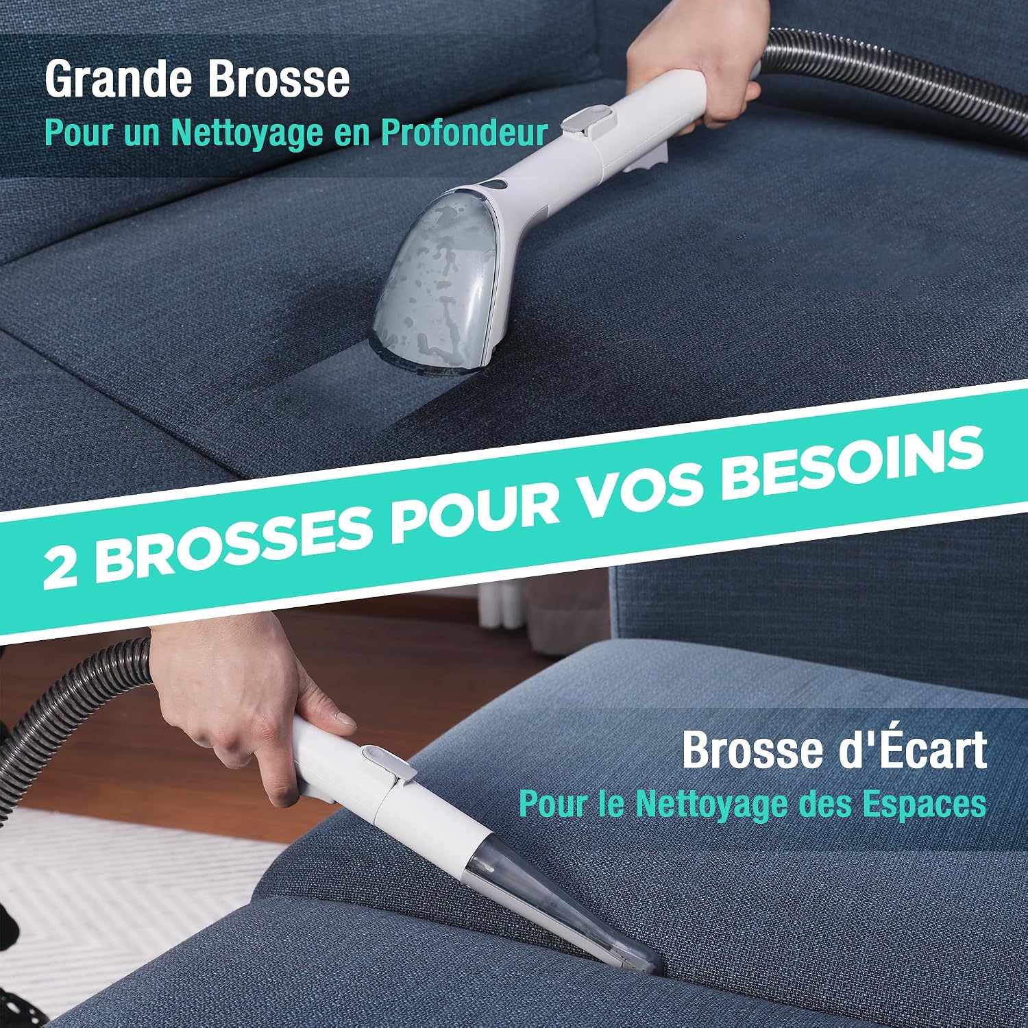 Two different brush heads for the HAUSHOF StainZapper Air: a large brush for deep cleaning and a crevice tool for tight spaces.