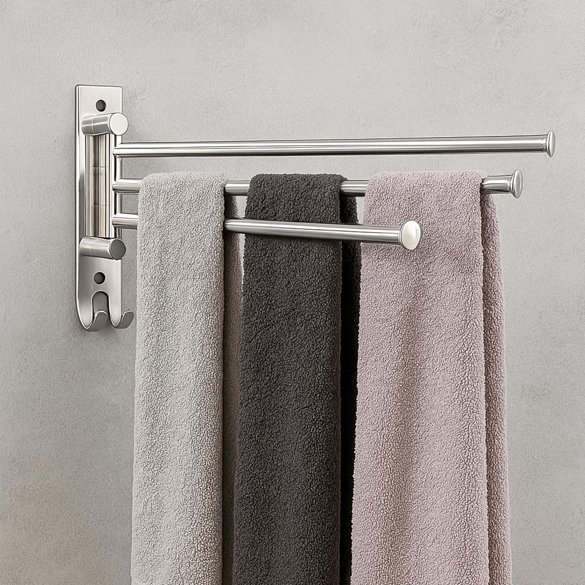 ACHRO Self Adhesive and Wall Mount Swivel Towel Rack, 15 Inch Thicken 304 Stainless Steel 3-Arm Towel Bar, Space Saving, Rustproof Swing Out Towel Hanger for Bathroom, Kitchen (Brushed Nickel)