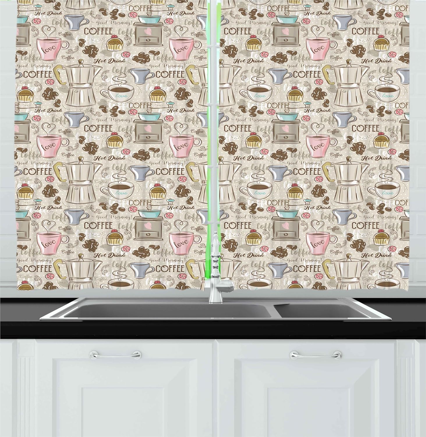 Ambesonne Modern Kitchen Curtains, Coffee Time Vintage Espresso Machine Cupcakes Beans Design, Window Drapes 2 Panel Set for Kitchen Cafe Decor, 55" x 36", Pale Pink Beige