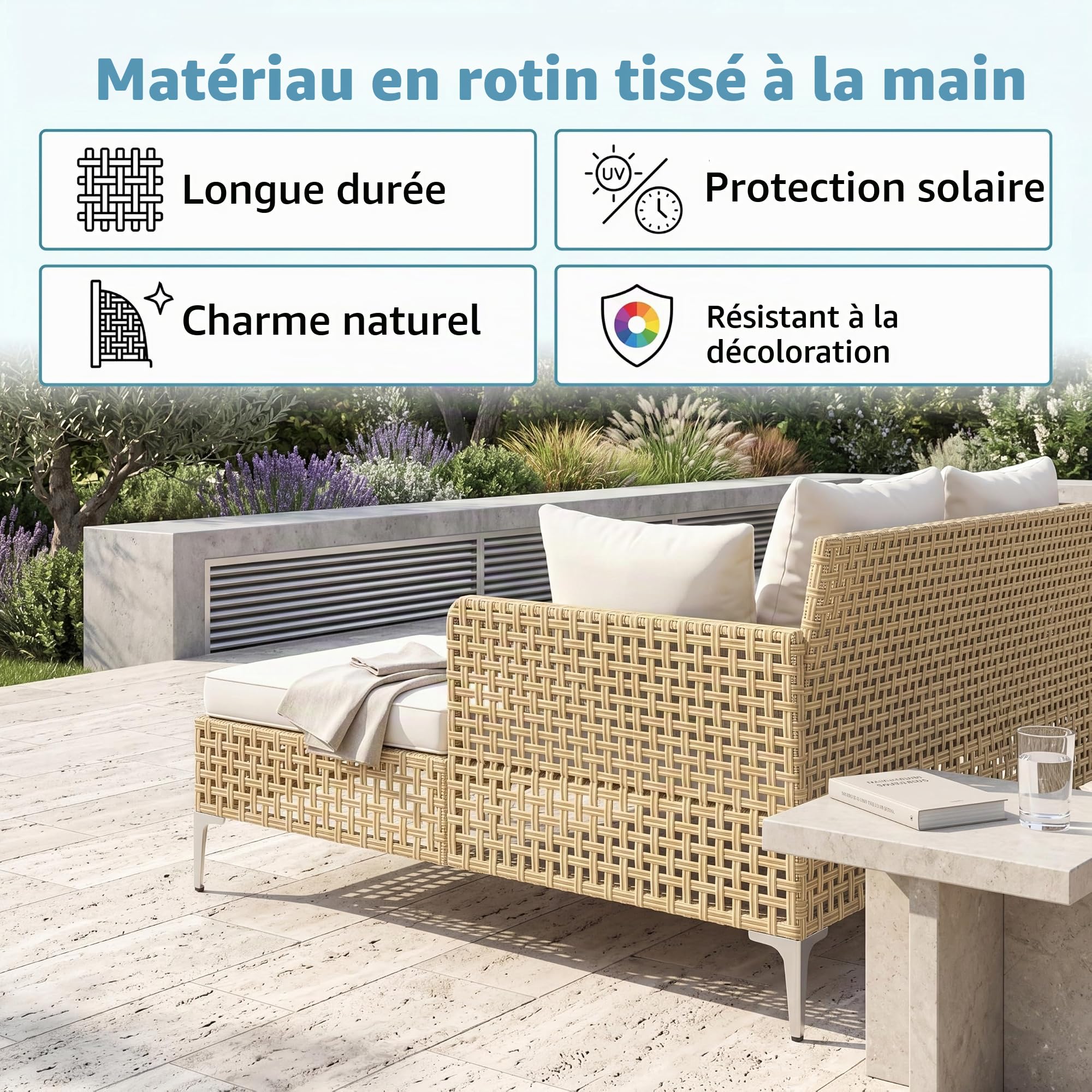 LIFEZEAL Bain de Soleil Double en Rotin avec Coussins pour 2 Personnes