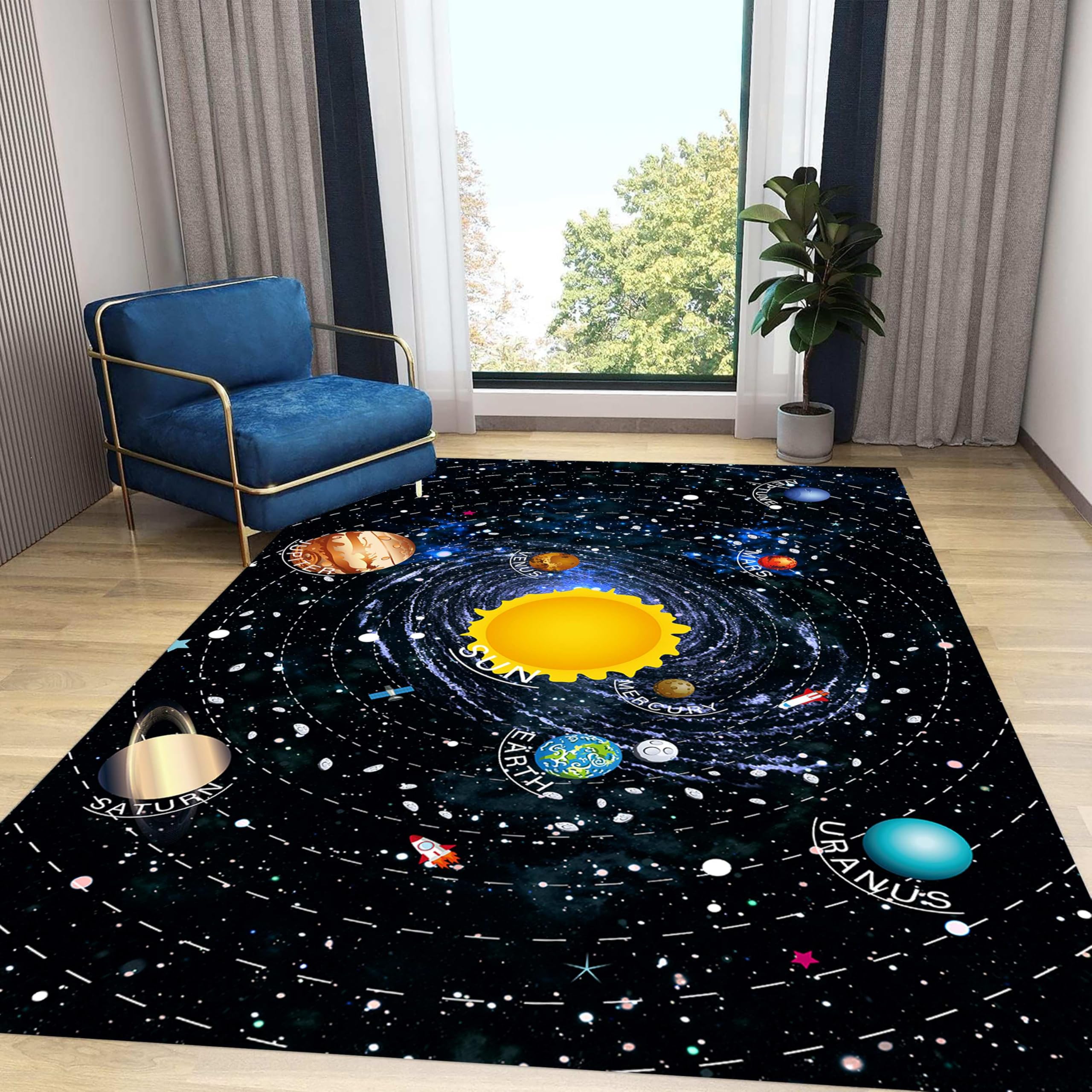 LHOMKCV Galaxy Themed Rugs for Area, 120x180cm, Rocket Stars Space Planets Game Rugs, Entrance Machine Washable Durable Breathable Cartoon Decor Carpet for Bedside Lounge