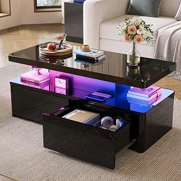 40" LED Coffee Table with 2 Large Drawers, 60,000-Color Lights App Control, Rectangular Center Table, High Glossy Modern Tea Table for Living Room, Black