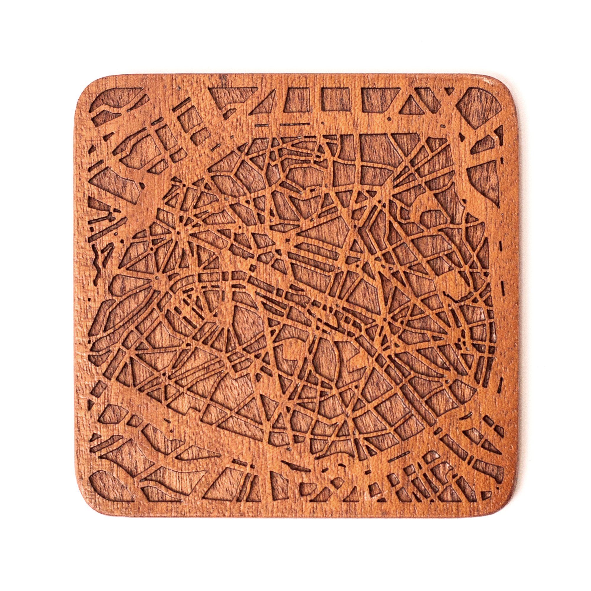 Paris Map Coaster, One piece, Sapele Wooden Coaster with City map, Multiple City Optional, Handmade