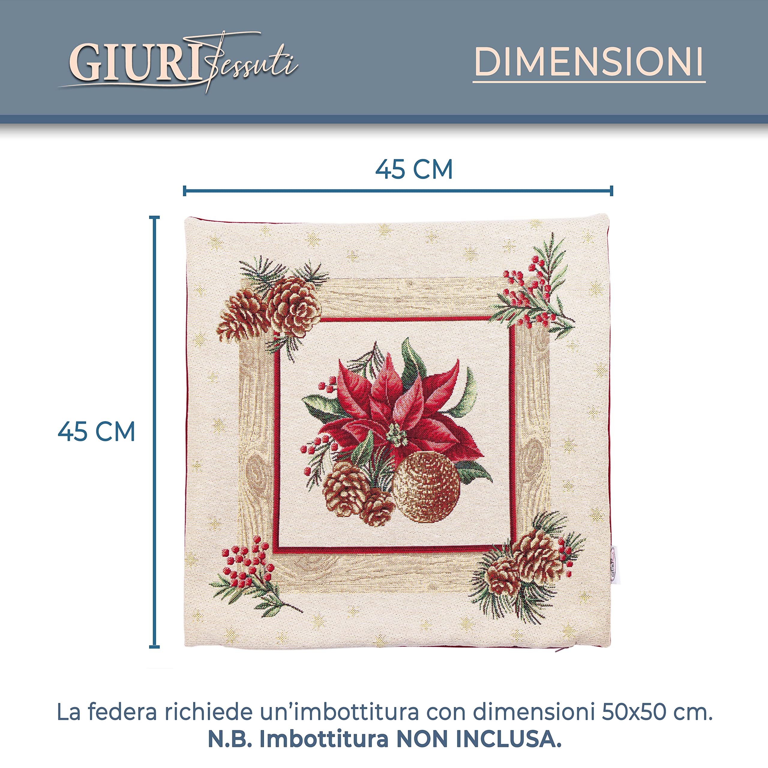 Giuri Tessuti Federa Natalizia 45x45cm - Fronte Gobelin Jacquard, Retro Velluto - Made In Italy