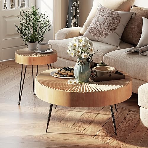 Miniatura 38 de COZAYH Juego de mesa auxiliar redonda anidable de 2 piezas, parte superior de madera natural con patas de metal negro, patrón radial, acento rústico