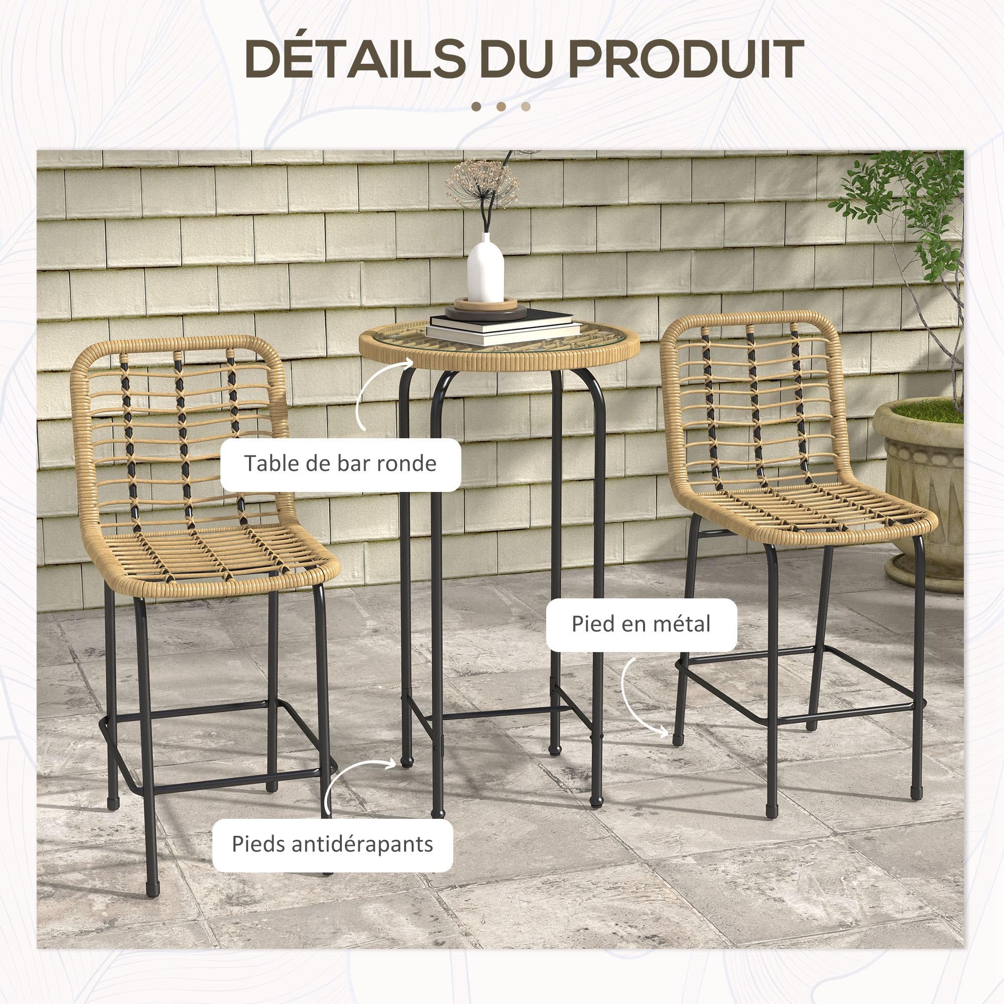 Outsunny Ensemble de Bar de Jardin 3 pièces Table Haute Ronde Design bohème + 2 tabourets Ronds Repose-Pied métal Naturel Noir
