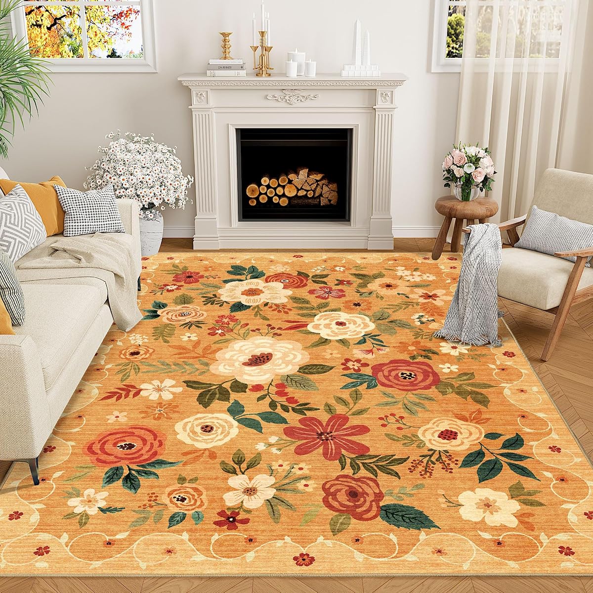 5x7 Area Rugs, Floral Washable Rug for Living Room Non Slip, Orange | Soft, Low Pile, Stain Resistant Indoor Rug for Bedroom, Dining Room, Office, Pet Friendly, Lightweight, Modern Home Decor