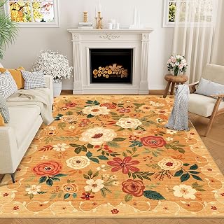 DUKINO 5x7 Area Rugs, Floral Washable Rug for Living Room Non Slip, Orange