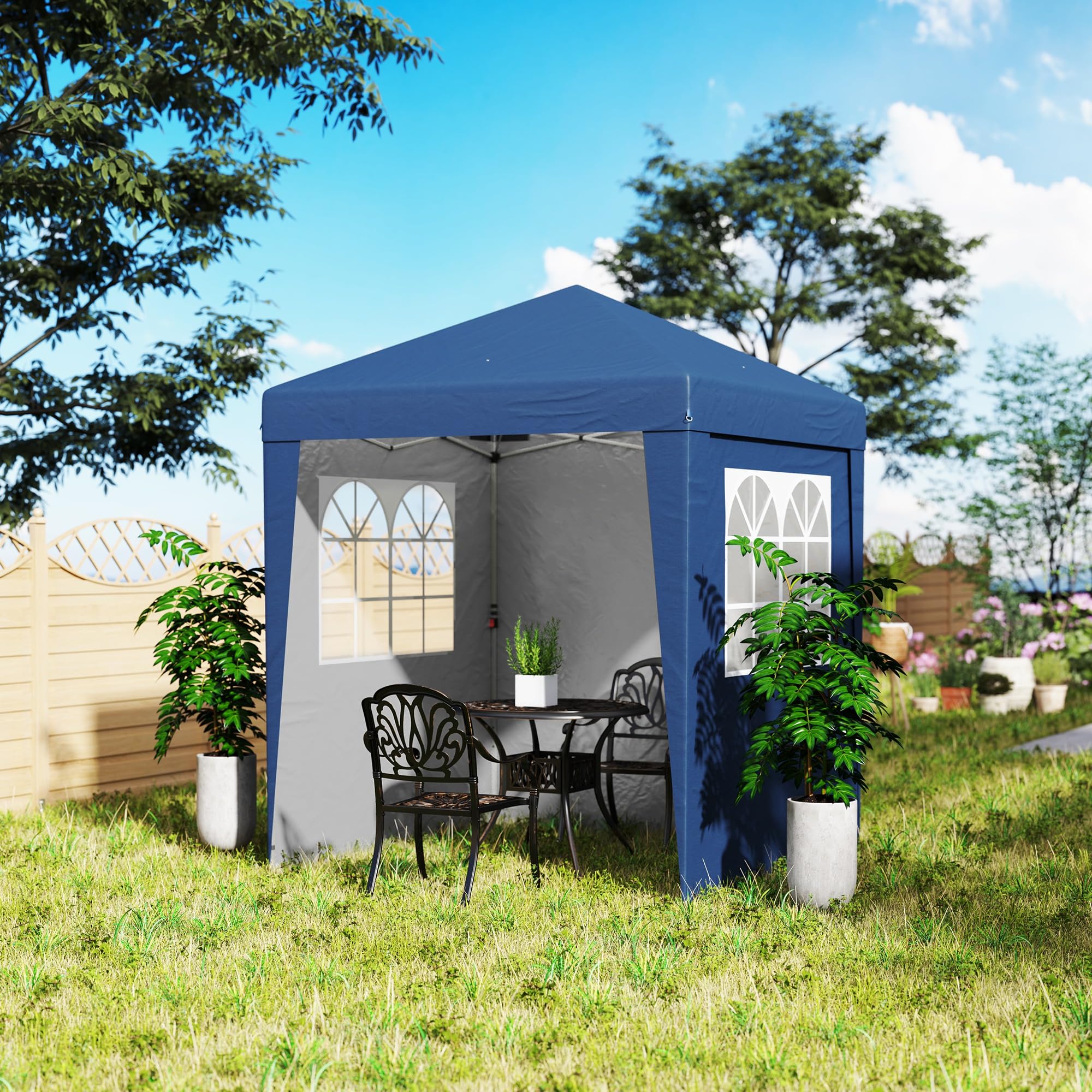 Outsunny Tonnelle de jardin pliante pop-up 2 x 2 m tente de réception hauteur réglable 3 niveaux Anti-UV 30+ 3 parois latérales avec 4 sacs de sable et 1 sac de transport tissu Oxford acier bleu foncé