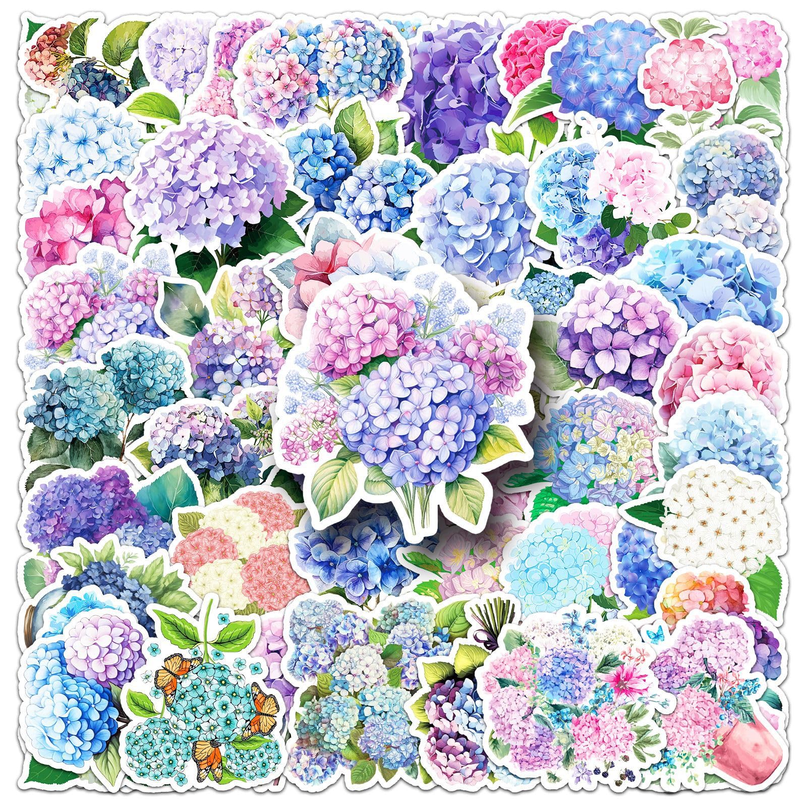 50 Pcs Hydrangea Macrophylla Graffiti Stickers for Water Bottles,Guitar,Bicycle,Laptop,Skateboard,Computer,Flower Cute Style Stickers Waterproof Vinyl,Scrawl Decoration for Girls Boys Children Teens