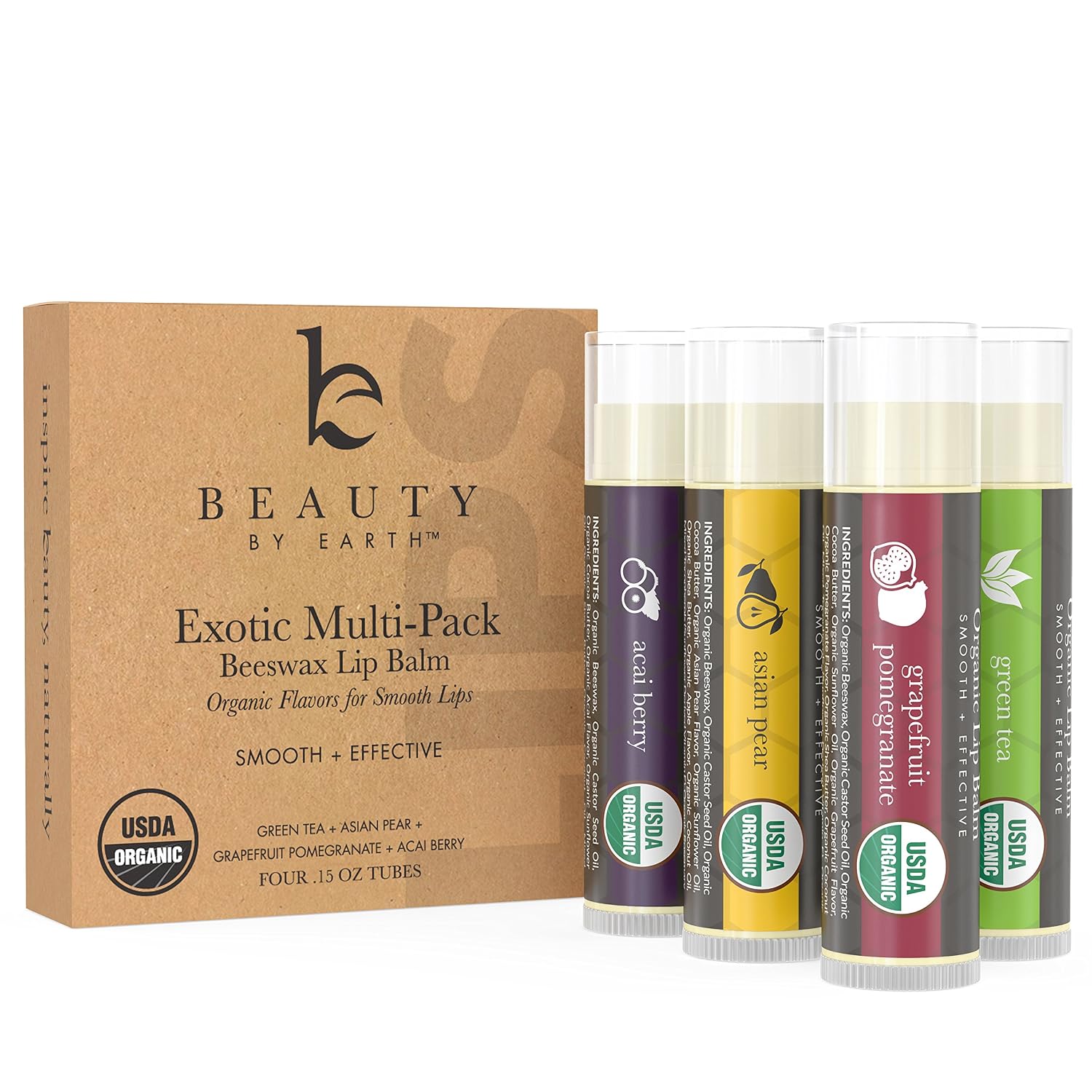 Organic Lip Balm Multi Pack; 4 Tubes of Fruit Flavored Moisturizing Natural Beeswax Chapstick with Aloe Vera, Shea Butter, Coconut Oil; Therapy and Repair Dry Chapped Cracked Lips For Men and Women