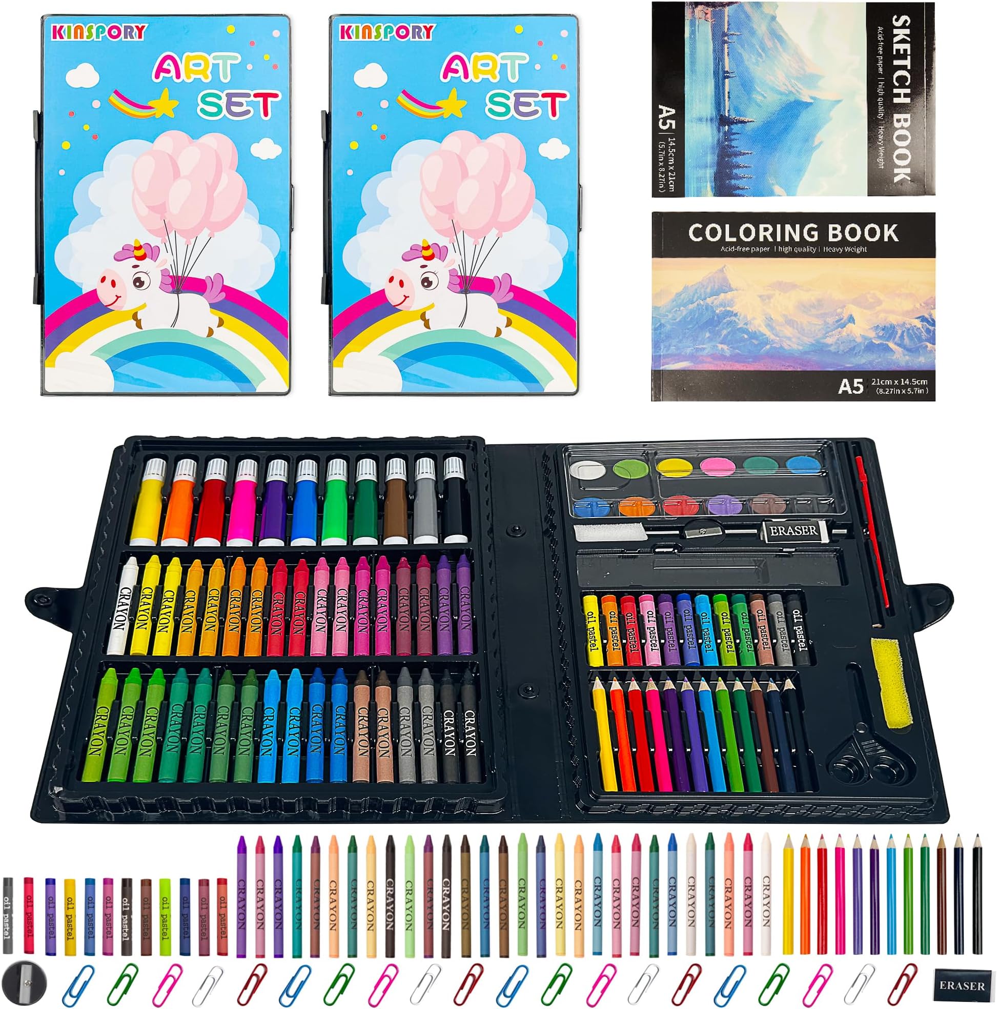 KINSPORY 108 PCS Art Set for Kids (Pack of 2), Drawing Kit Painting Art Kits Gifts Box with Colour Pencils, Oil Pastels, Crayons (Light Blue)