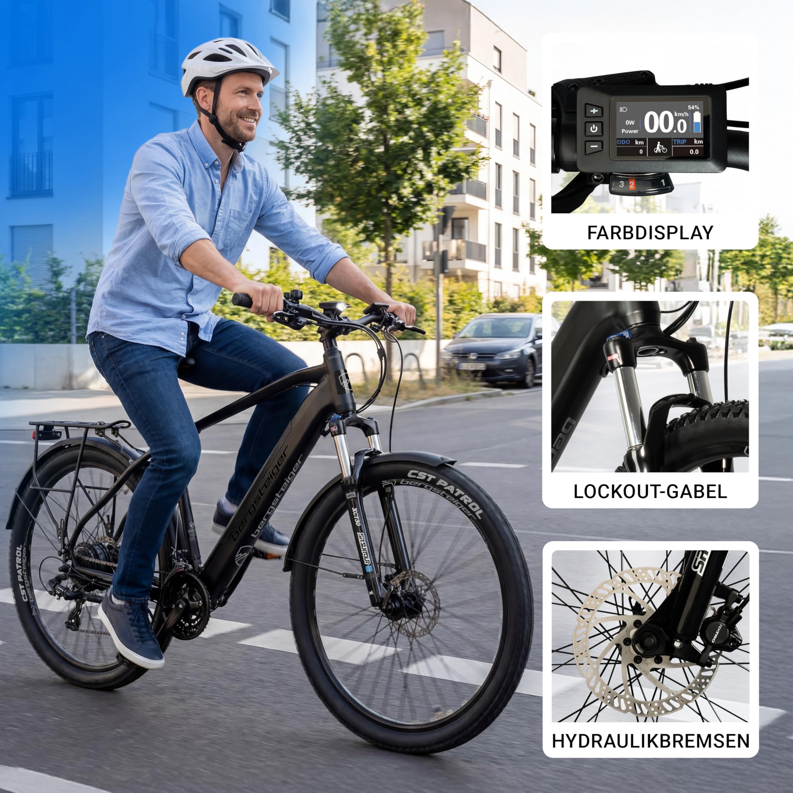 Bergsteiger Cannock E-Bike Mountainbike aus Aluminium mit Farbdisplay | Leistungsstarker 250 Watt Motor, Hydraulikbremsen und 24 Gänge bieten Fahrspass von 26 bis 29 Zoll fuer Herren und Damen.