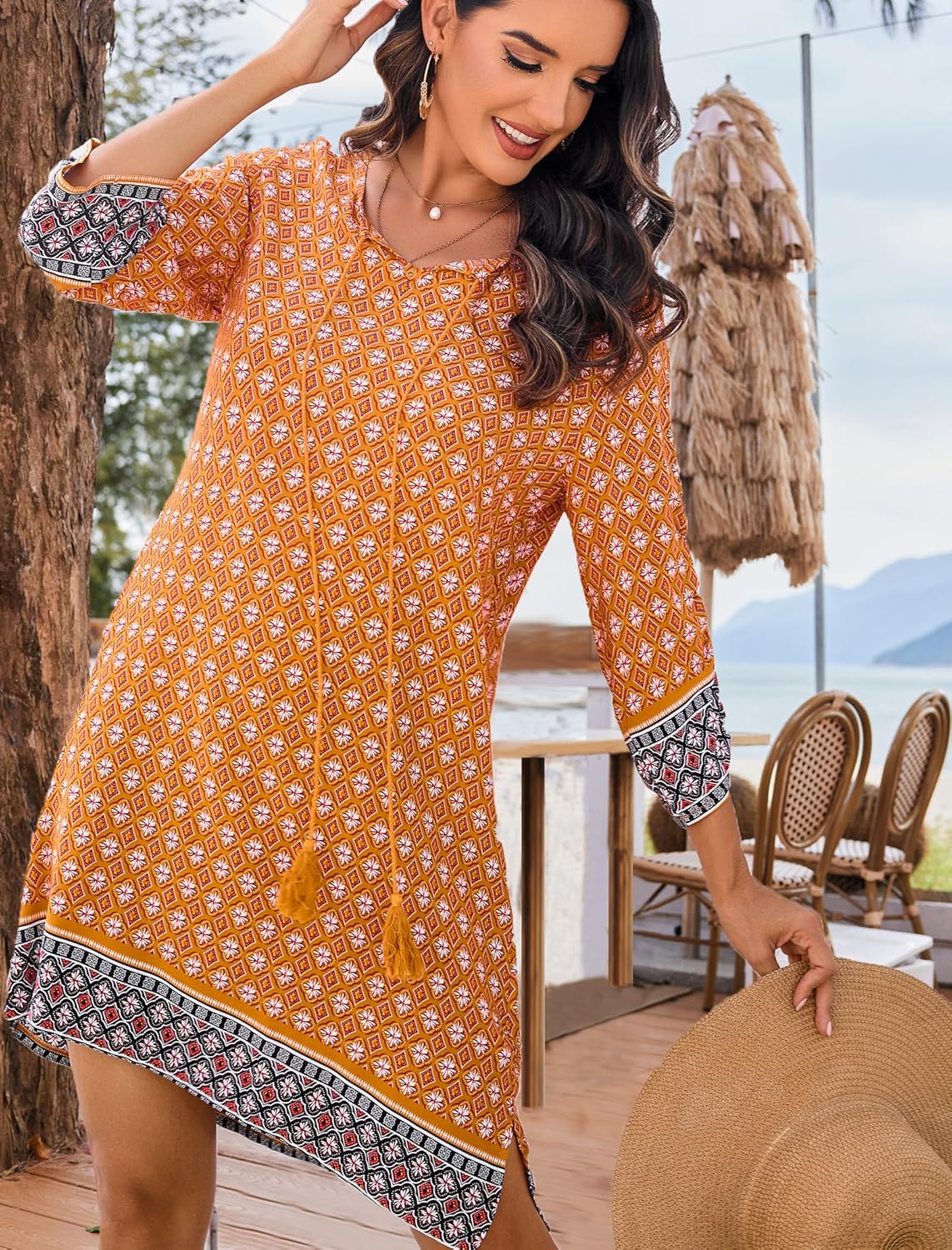 HOTOUCH Women Casual Beach Summer Dress Boho V Neck 3/4 Long Sleeve Short Floral Print Flowy Swimsuit Cover Up Sundress - Image 4