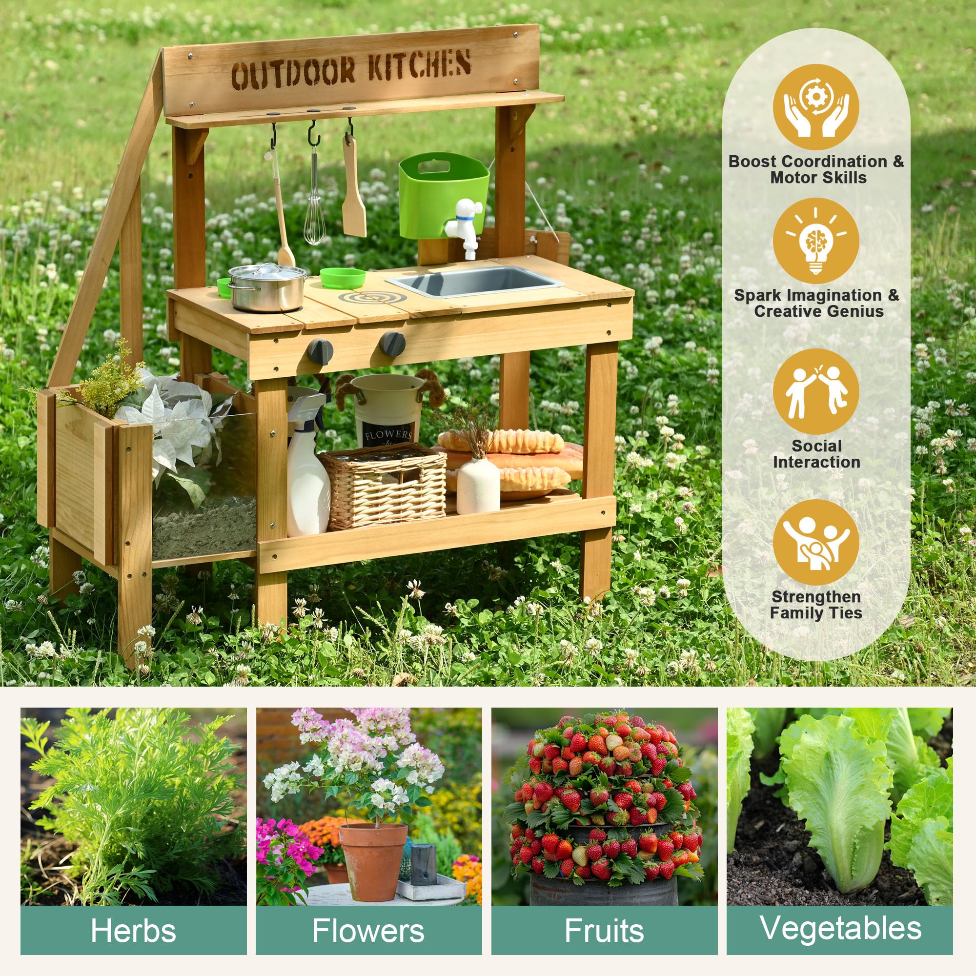 FANTASK Cocina De Barro Para Niños Al Aire Libre – Juego De Cocina De Madera De Abeto Con Macetero, Pizarras De Tiza, Grifo Y Lavabo, Ideal Para Jardín Y Terraza