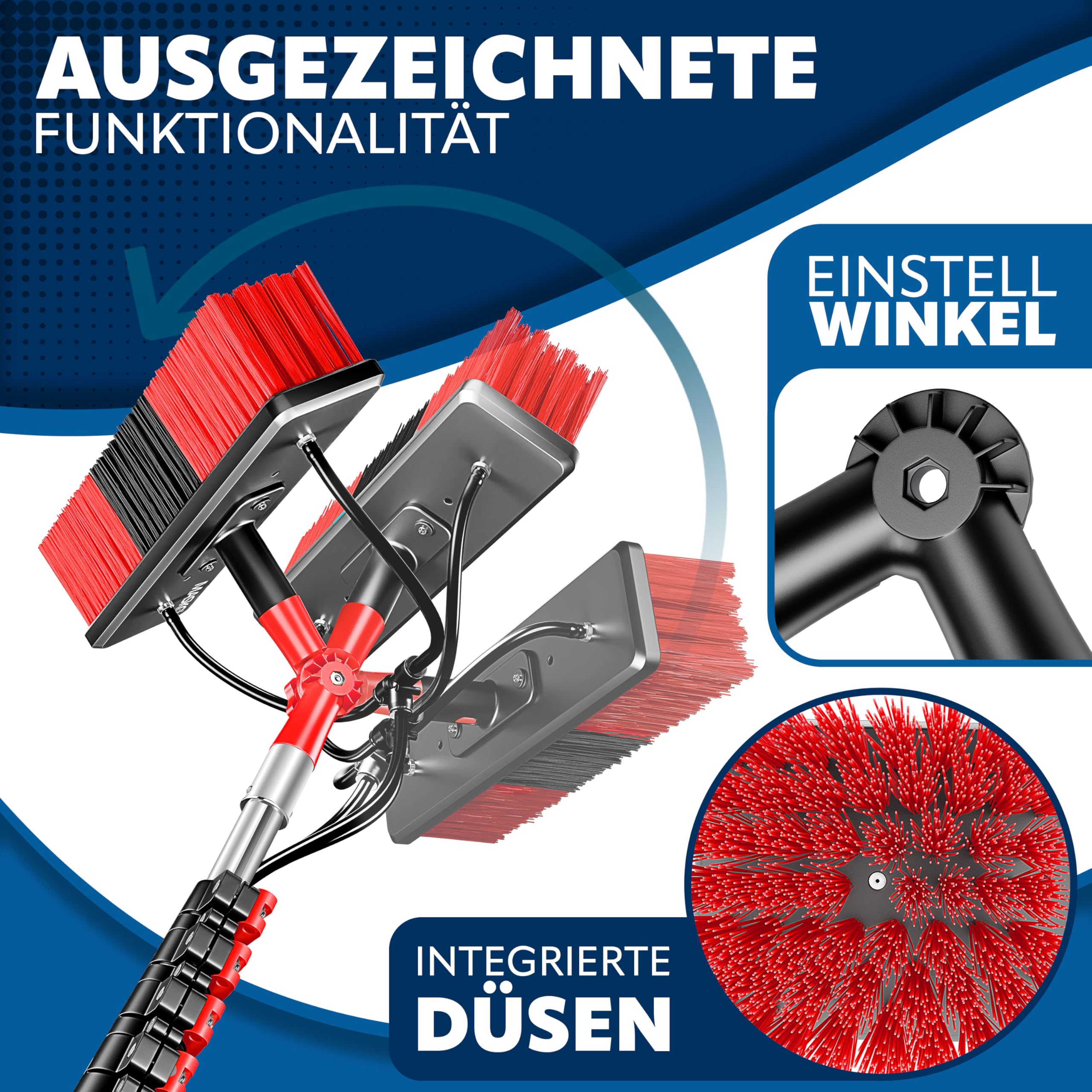 MASKO® Teleskop Waschbürste mit Wasseranschluss 7,2m Reinigungsbürste mit Teleskopstiel Ausziehbar | Teleskopbesen | Fenster & PV-Anlagen-Reinigung | Weiche Borsten Inkl. Seifenspender & Handschuhe