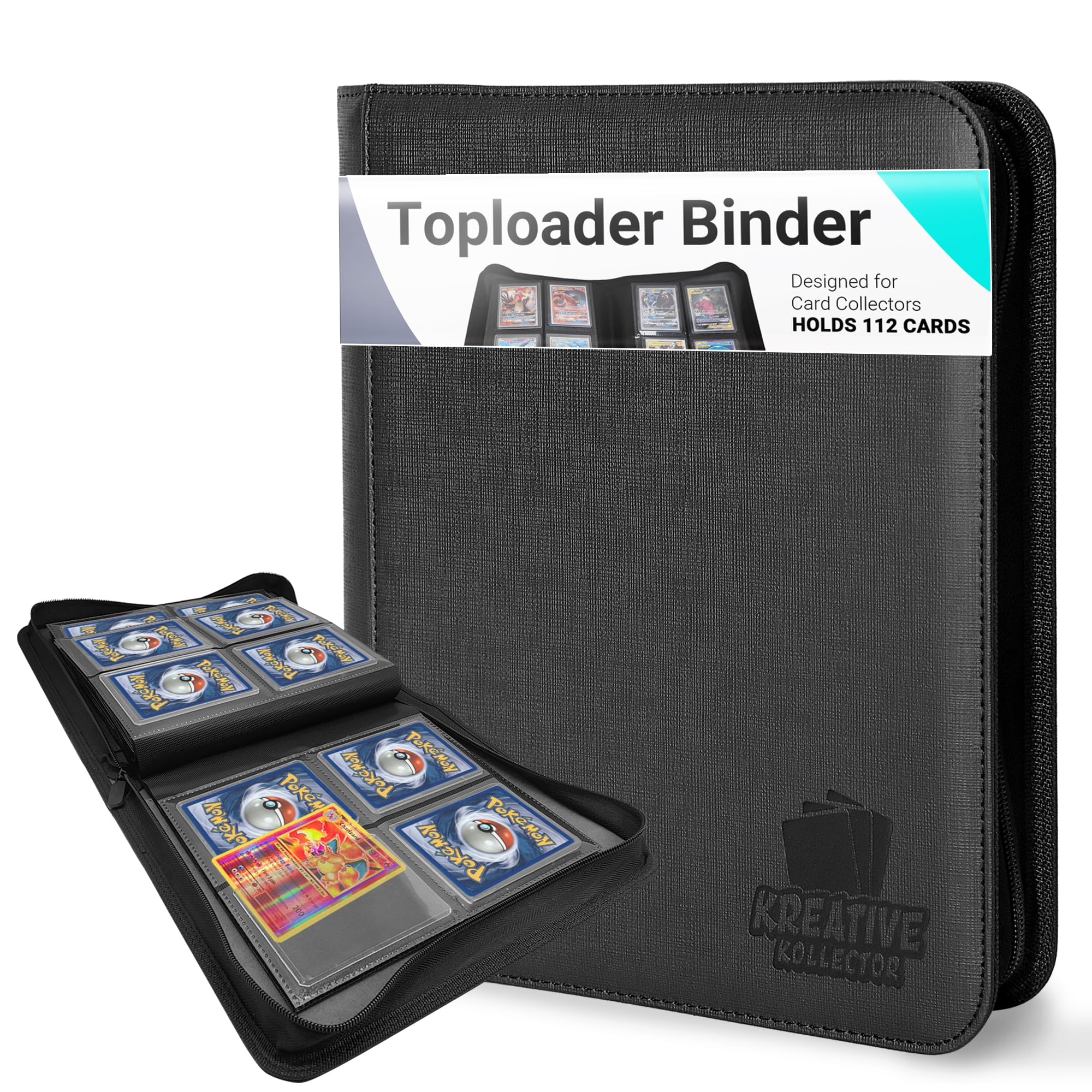 Kreative Kollector Toploader Binder – 4-Pocket Side Load Trading Card Album, Holds 112 Cards with 20 Toploader Sleeves, Compatible with Pokemon, MTG, Sports Cards, Top Loader Storage (Black)
