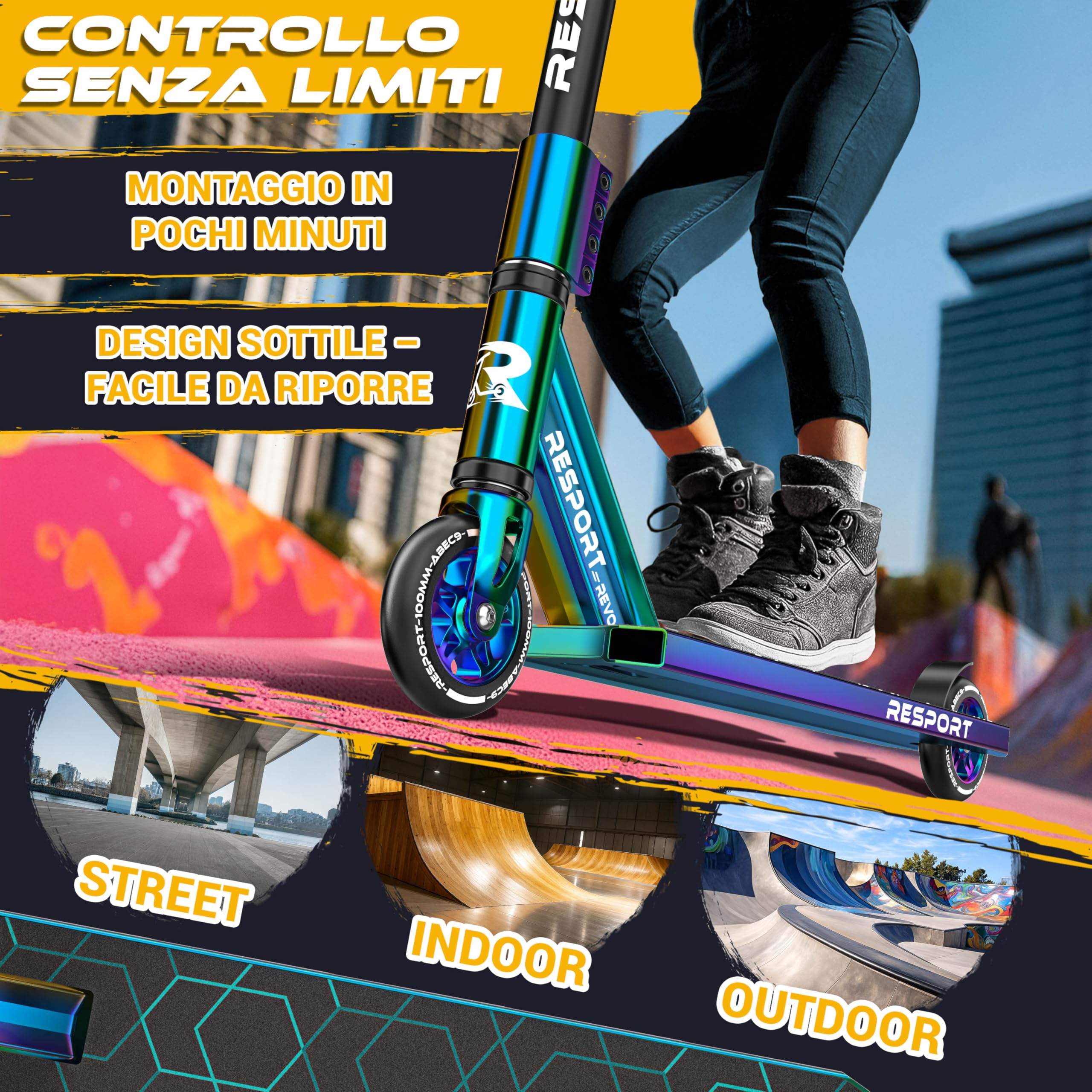 RE:SPORT Stunt Scooter REVO per bambini e adulti con supporto, 100 mm, ruote in poliuretano e Y-Bar, per acrobazia, scooter ABEC 9, cuscinetti a sfera