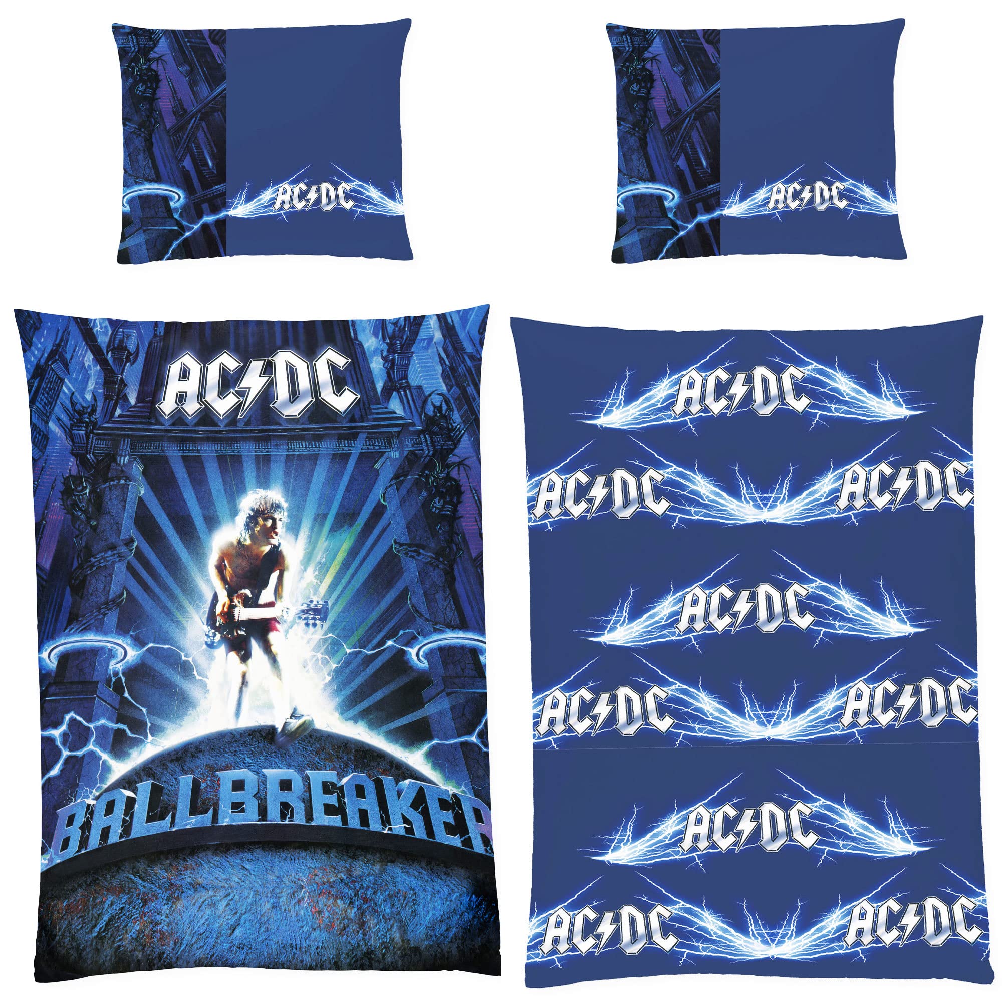 ACDC Rock Bettwäsche AC/DC Ballbreaker Blau 135 cm x 200 cm + 80 cm x 80 cm 100% Baumwolle Renforcé-Linon-Qualität Bon Scott Malcom Young Dave Evans Axl Rose mit Reißverschluss deutsche Größe