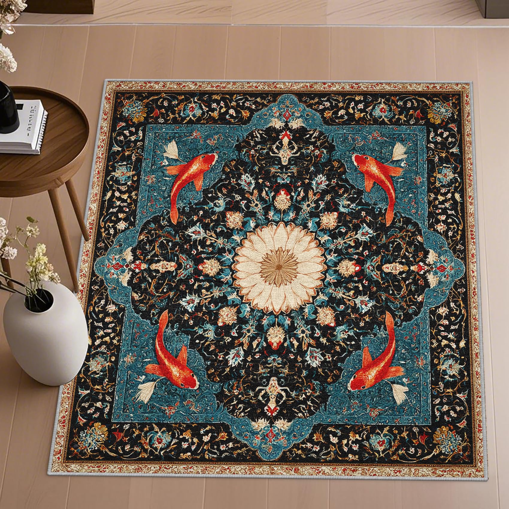 Tapis salon 200x290 motif géométrique soleil rétro à poils courts