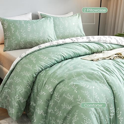 Miniatura 5 de SeaRoomy Juego de edredón tamaño Queen, 3 piezas reversibles con estampado floral, color verde salvia y blanco, flores botánicas para todas las