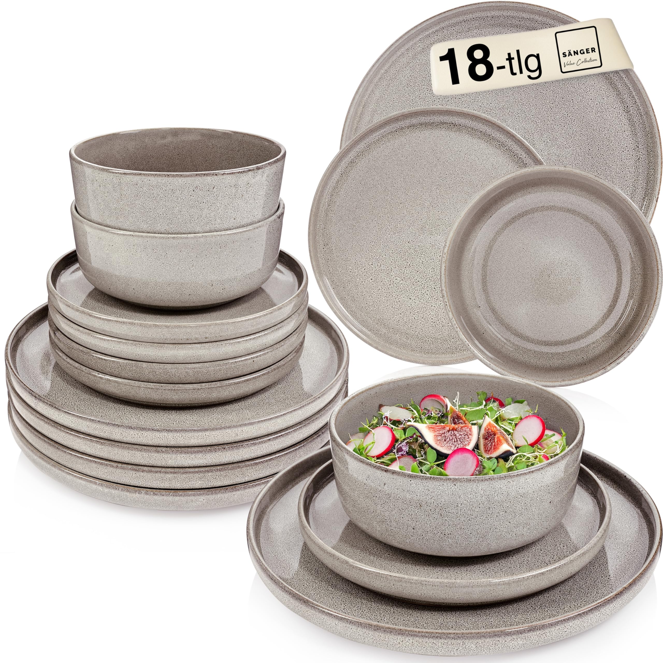 SÄNGER Kairo Clay | Tafelservice 18 teilig, Steingut Geschirr Set 6 Personen, 6x Speiseteller 6x Dessertteller 6x Schalen Geschirrset & Schale Grau, Teller Set, Tiefe Teller | VALUE COLLECTION