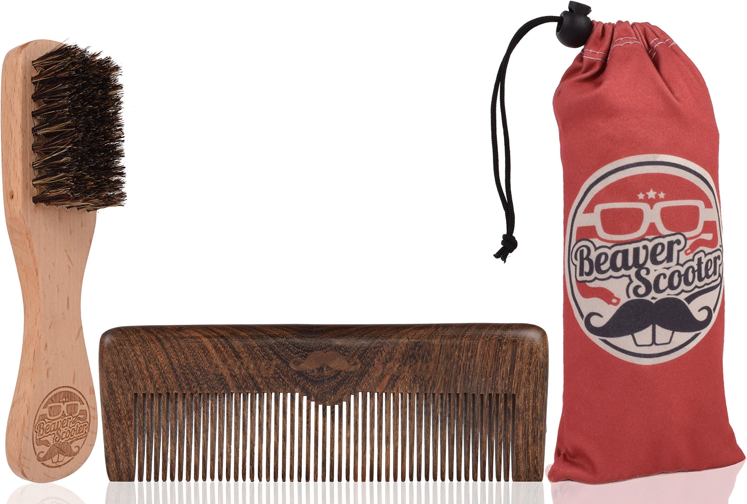 Beechwood Beard Brush and Sandalwood Comb Set With Microfiber Pouch