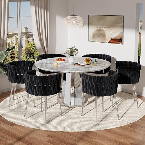 Miniatura 7 de Moderno juego de mesa redonda de comedor para 4, juego de mesa de comedor de mármol blanco de 5 piezas, mesa de comedor dorada de lujo y 4 sillas