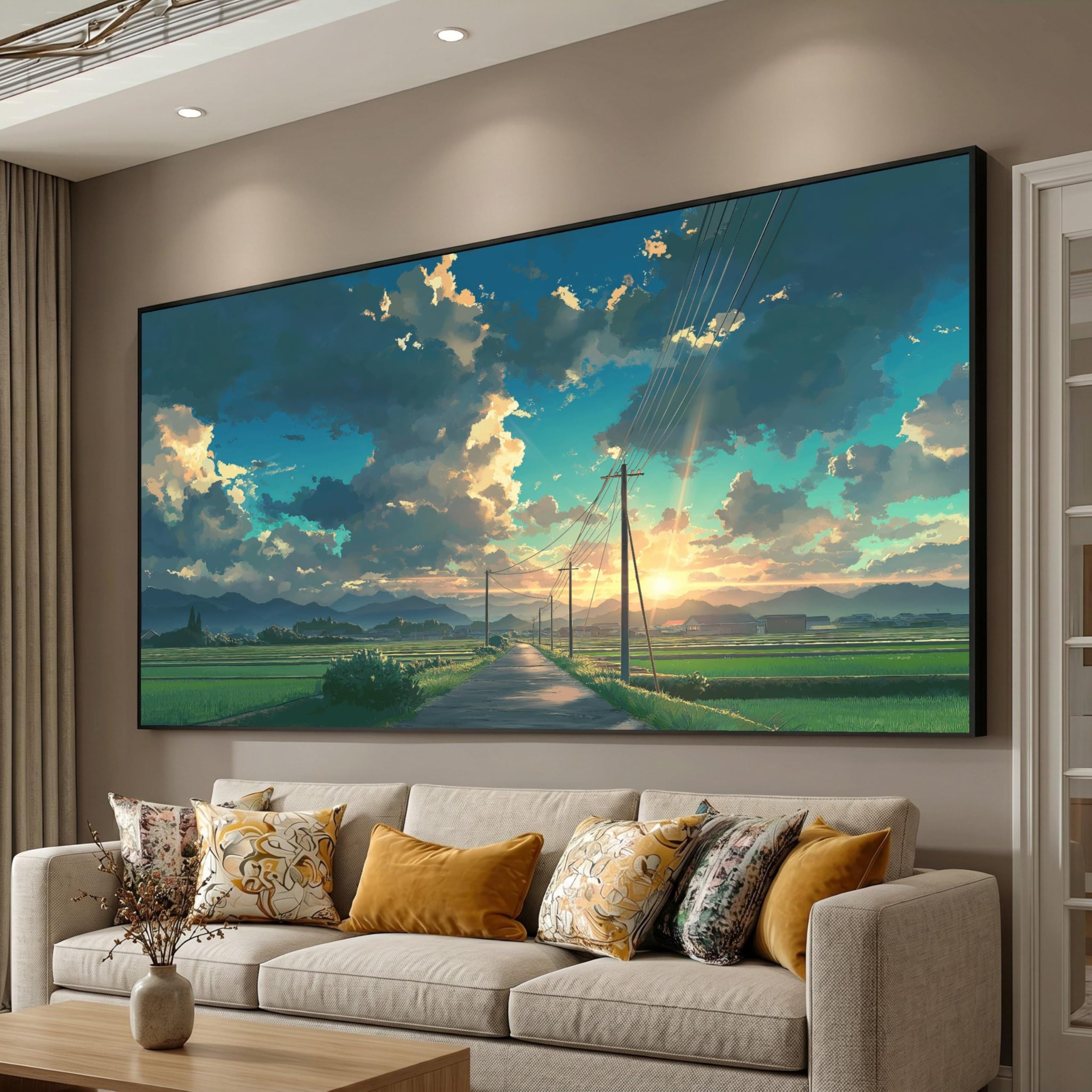 TONGYINLI Sunset Over Rural Road Canvas, Countryside Landscape Wall Art, Electric Poles Oil Painting, Nature Sunset Decor Mural(45x80cm/Frameless)