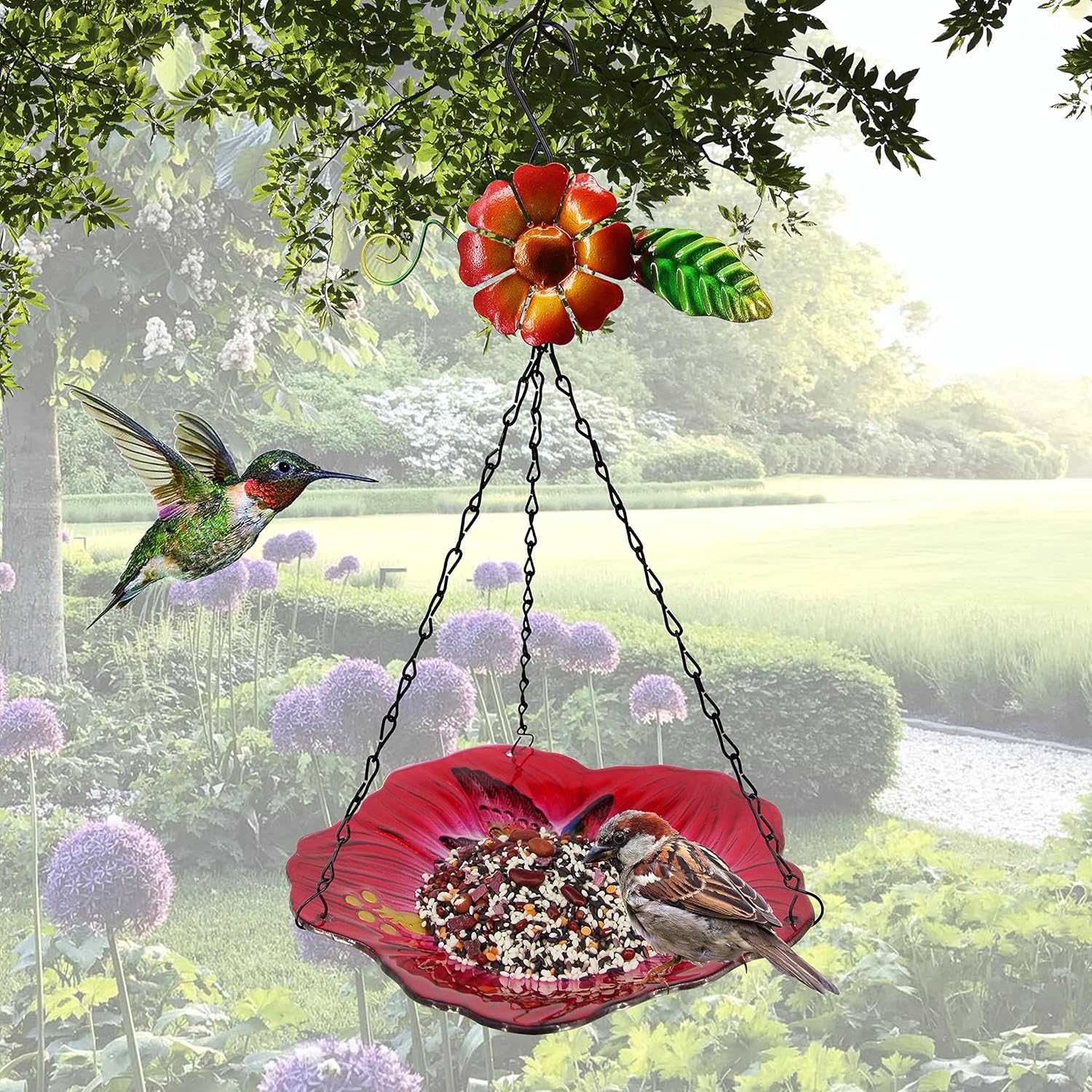 Glass Bird Baths for Outdoor, Garden Birdbath Bird Feeders Hydrangea Decor Birdfeeder with Metal Stake for Garden, Yard, Lawn, Courtyard