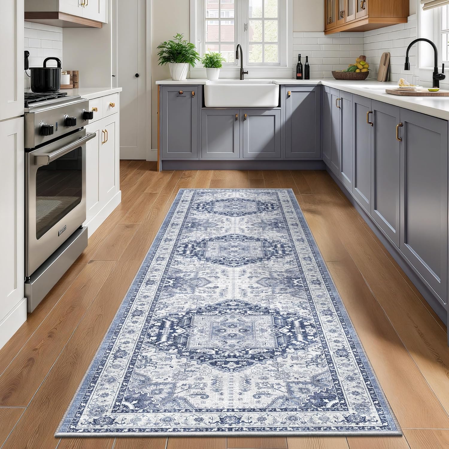 2x8 Washable Hallway Runner Rug - Kitchen Rugs with Non Slip Backing Vintage Soft Farmhouse Entryway Mat for Living Room Laundry Bedroom Bathroom Navy/Blue