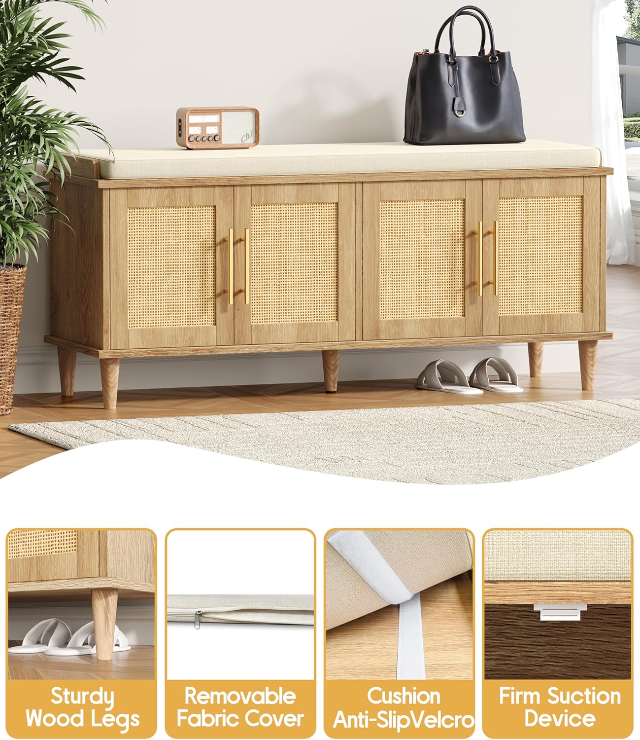 Akxomel Rattan Shoe Storage Bench with Cushion, 2-Tier Entryway Bench with Adjustable Shelves and 4 Doors, Solid Wood Legs, for Hallway, Living Room, Bedroom, Natural Oak *DAMAGED BOX*