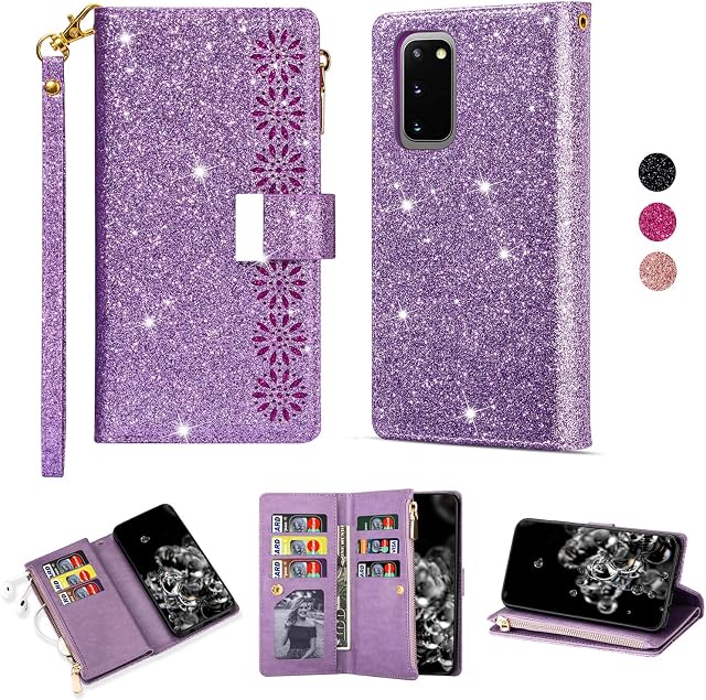 ZTOFERA Folio Wallet Case for Samsung Galaxy S20 FE, Glitter Carving Zipper Handbag with 9 Card Slots & Wrist Strap, Magnetic Stand Flip Protective Cover for Samsung S20 FE 5G - Purple