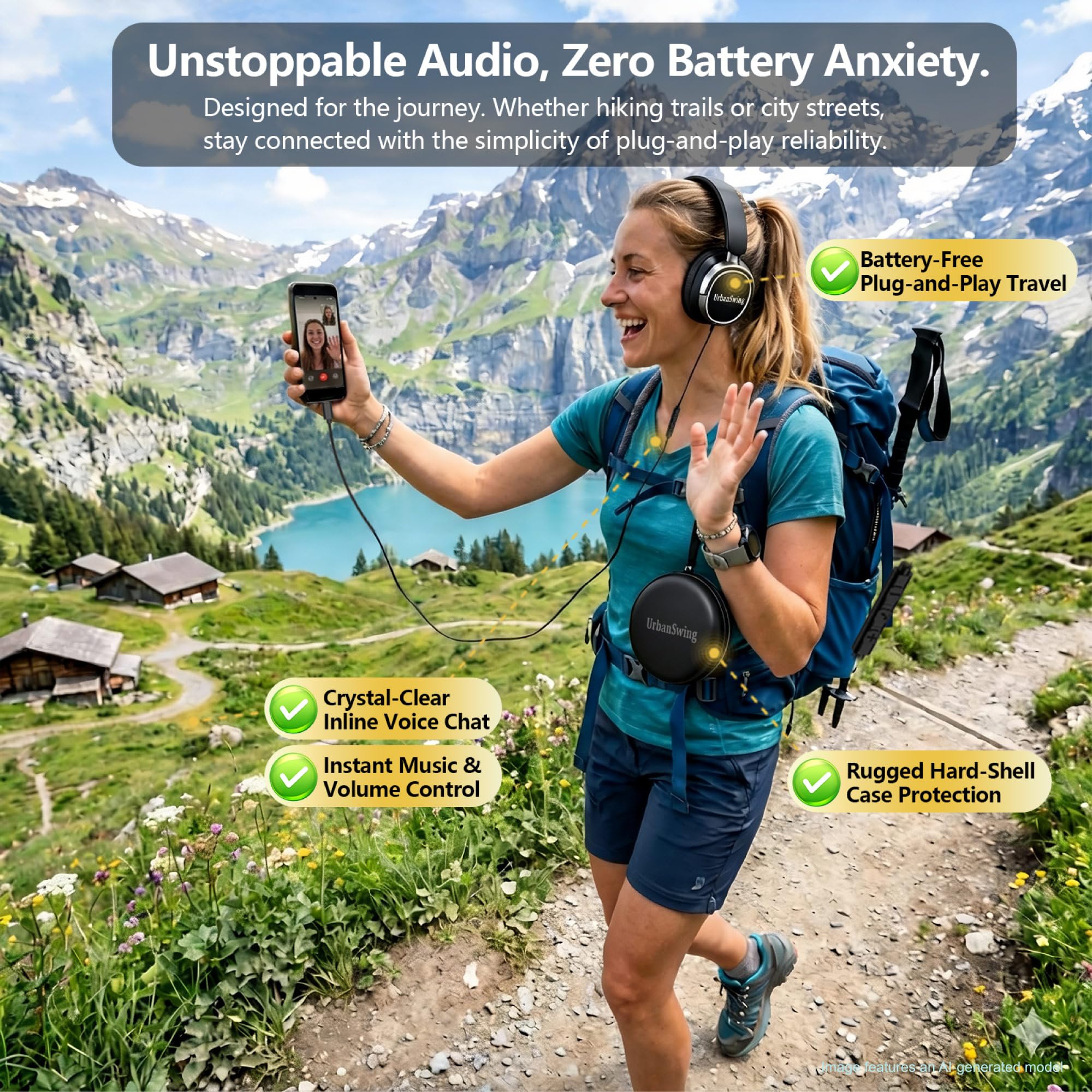 URBAN SWING W70 Przewodowe słuchawki nauszne z mikrofonem, adapter USB-C plus gniazdo 3,5 mm i etui podróżne Hardshell, bardzo długi pleciony przewód 1,5 m do iPada, iPhone'a 16/17, Samsung, PS5