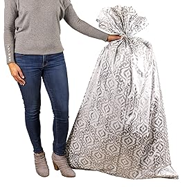 Hallmark 56 Large Plastic Gift Bag (Silver Damask) for Engagement Parties, Bridal Showers, Weddings, Valentines Day, Holidays or Any Occasion