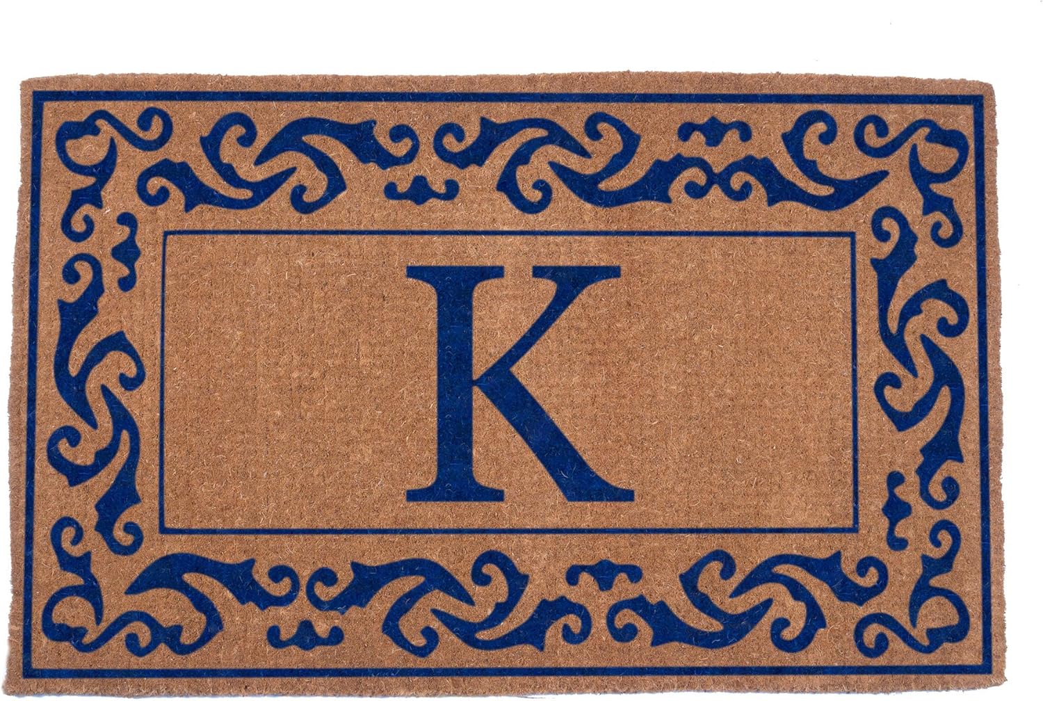COCO MATS 'N MORE Hand Woven Blue Rolling Scrolls Bordered Monogrammed Coco Doormat 38 x 60