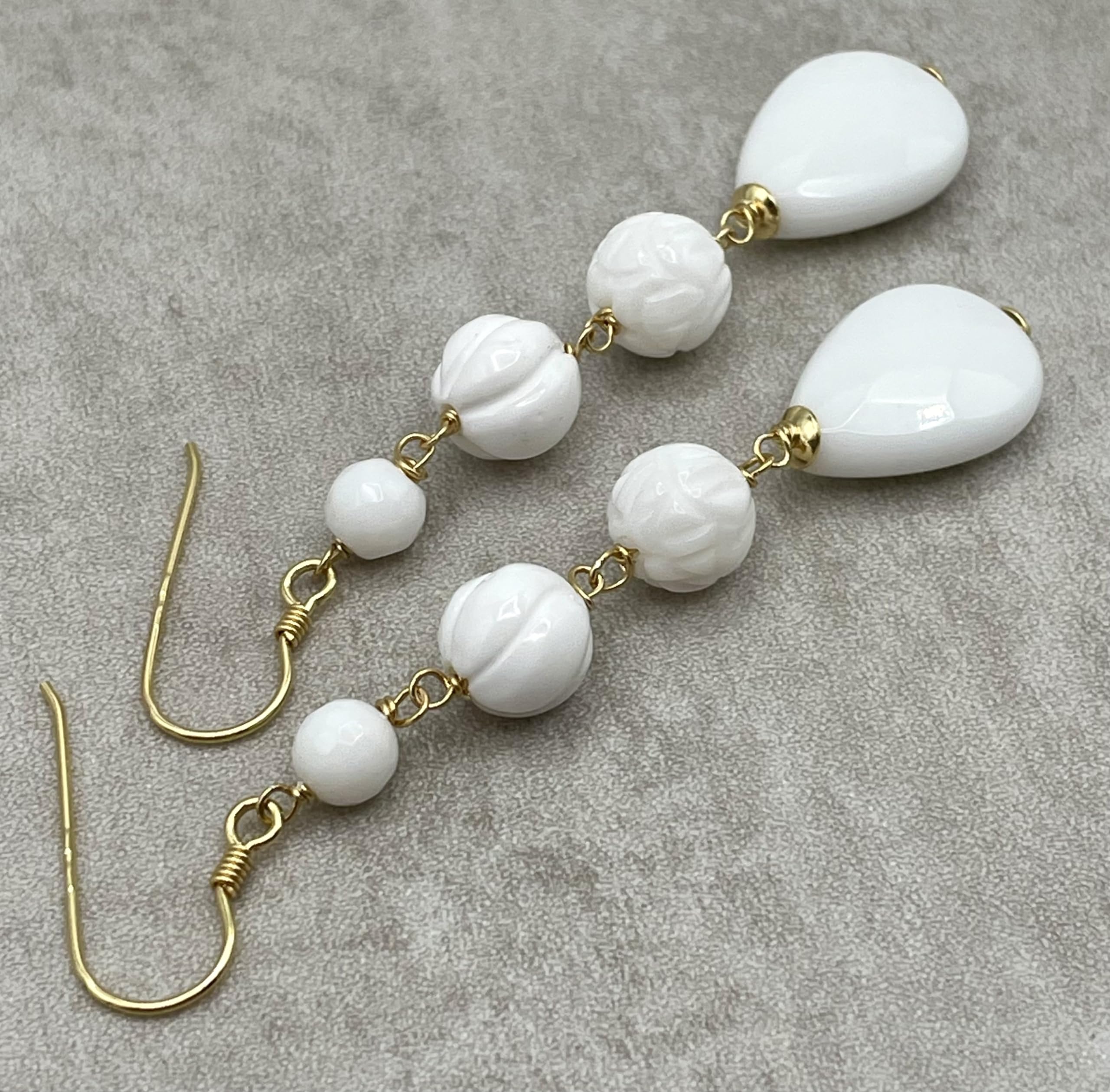 Orecchini con Agata Bianca e Conchiglia, Pendenti Lunghi, Argento 925, Gioielli Pietre Dure, Bijoux Estate, Regalo Compleanno per Donne