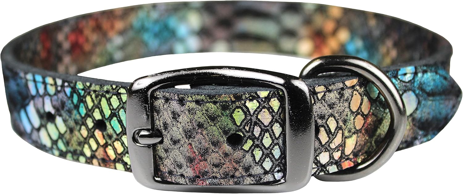 Native Leather Python Print Pet Collar, 1" x 22", Silver