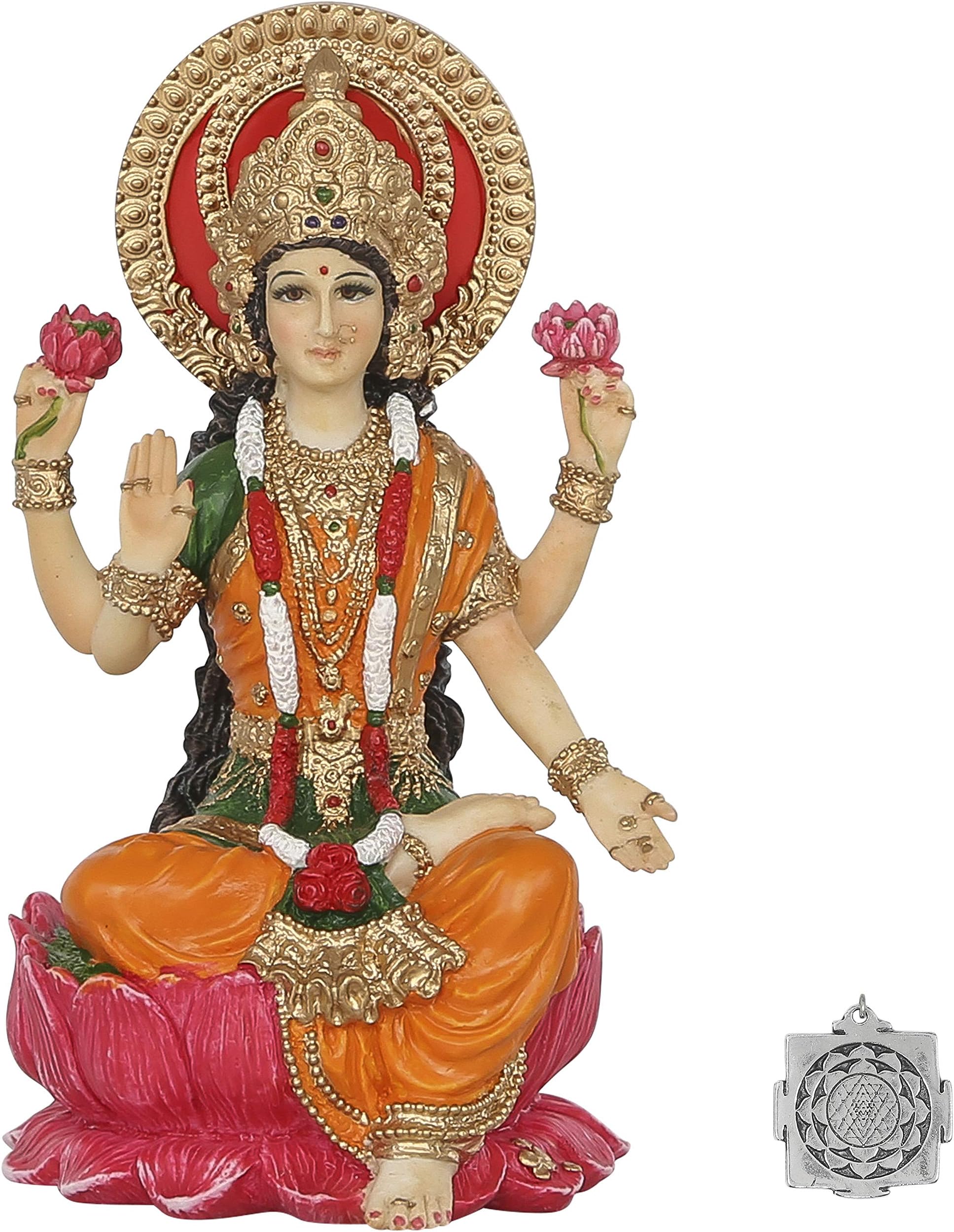 SARIMOIRE Lakshmi - Altar Supply Kit - 4 inch (H) Color Painted Lakshmi Statue Hindu Goddess Of Wealth Fortune And Prosperity ~ Lotus Sri Yantra Ornament