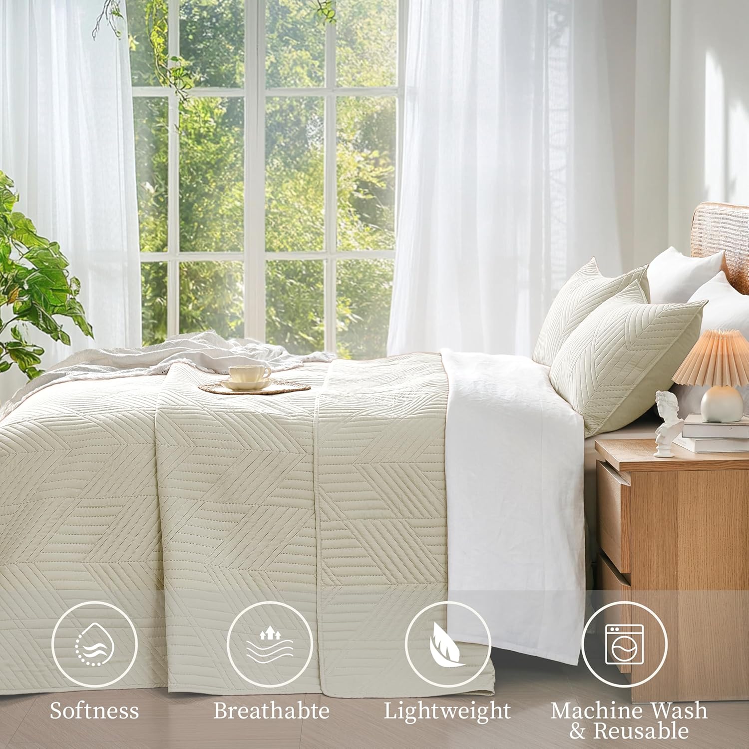 Twin Quilt Set, Cream Lightweight Reversible Bedspread for All Seasons, Soft Modern Microfiber Geometric Coverlet for Kids or Guest Bedroom (1 Quilt, 1 Pillow Sham) - Image 4