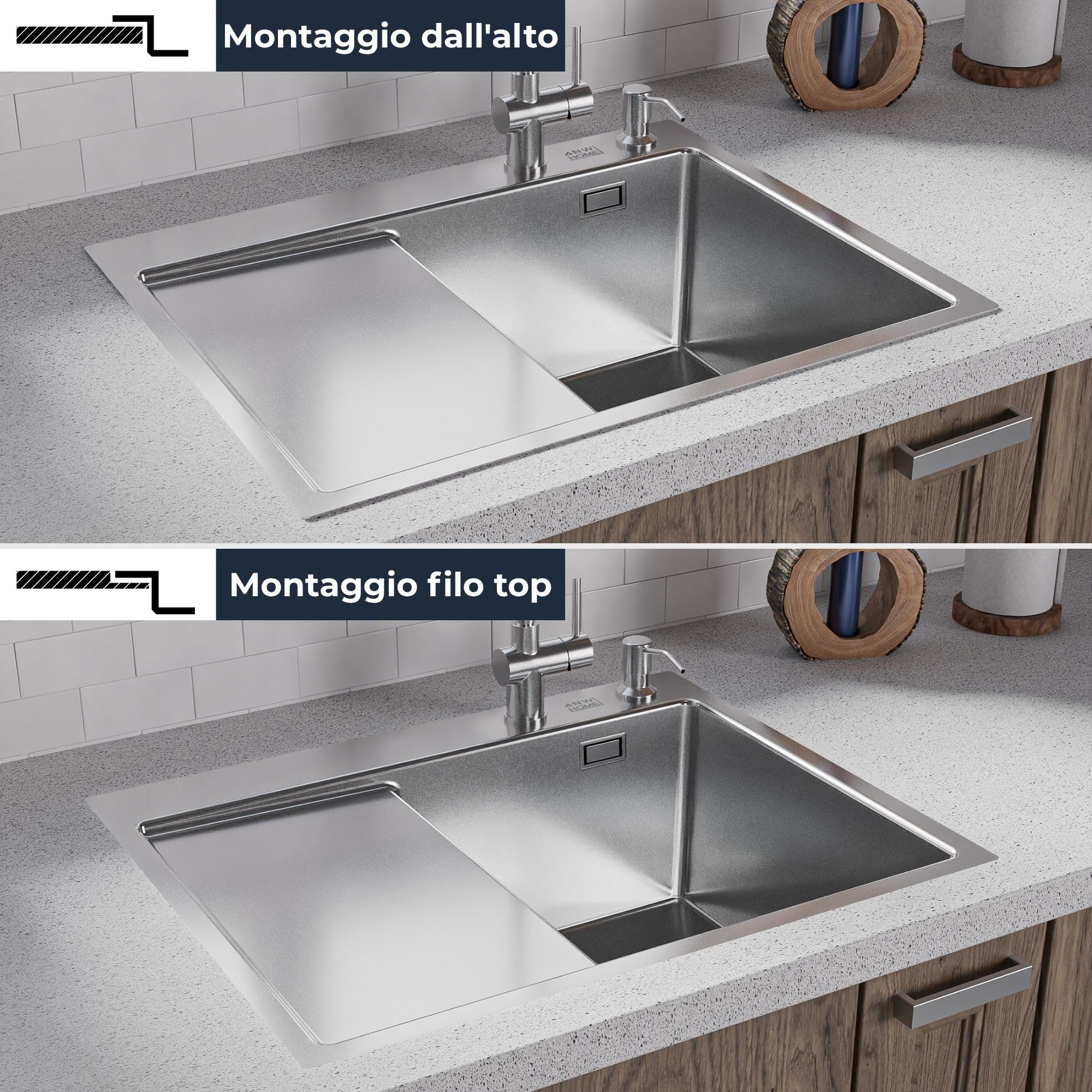 ANW HOME Lavello Cucina 1 Vasca Acciaio Inox, Lavandino Cucina da Incasso con Gocciolatoio 63x50 cm, Argento, Finitura Nano, Spessore 3.0/1 mm, con Sifone, Dosatore e Cestello