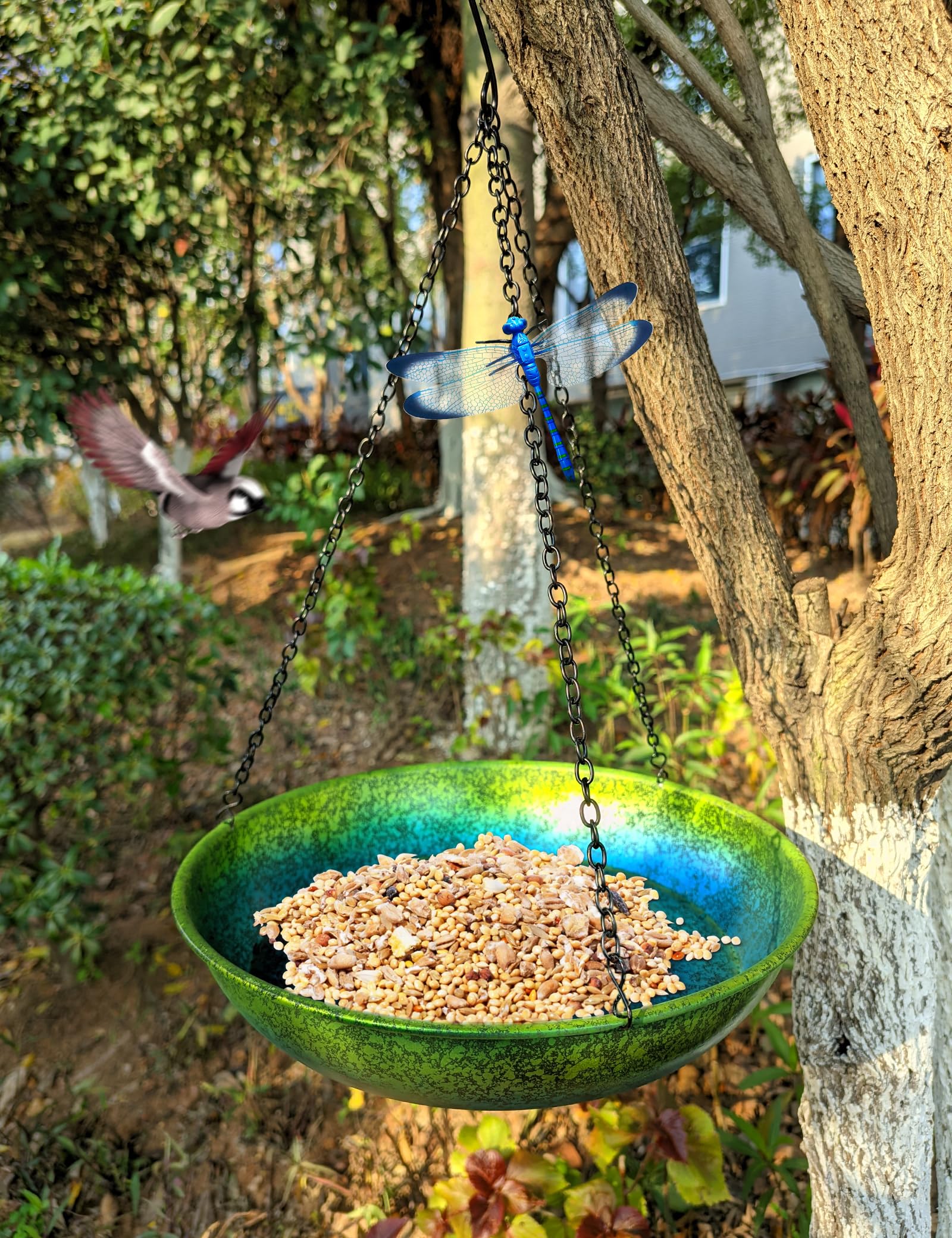 Baño colgante para pájaros para exteriores, comedero colgante de metal, comedero para pájaros, pintado a mano, degradado azul y verde, 11 pulgadas, para que los pájaros se bañen y beban para patio