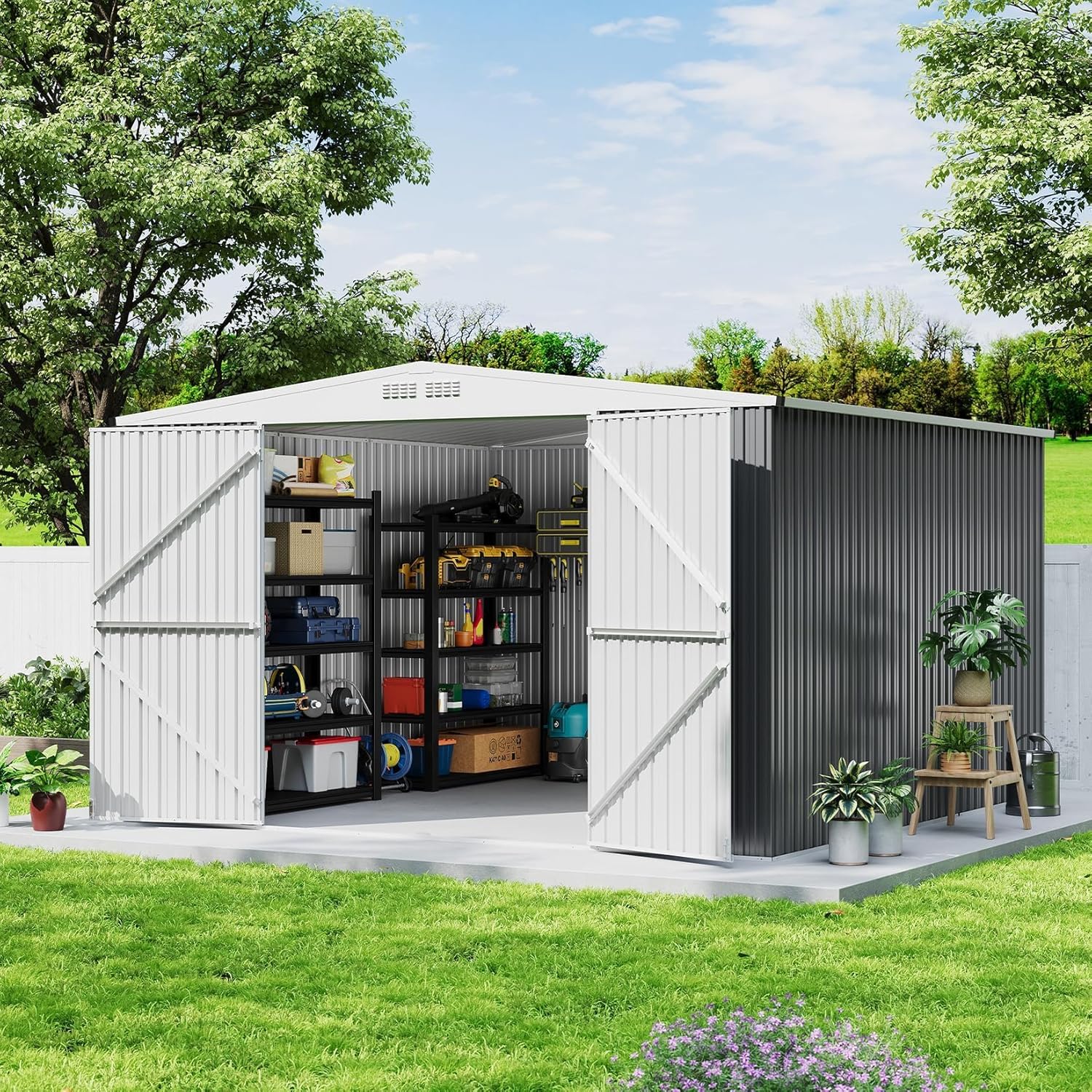 9x12FT Outdoor Storage Shed, Galvanized Steel Metal Garden Tool Shed with with Lockable Doors, Lock & Air Vent, Large Utility Sheds for Backyard, Poolside, Patio