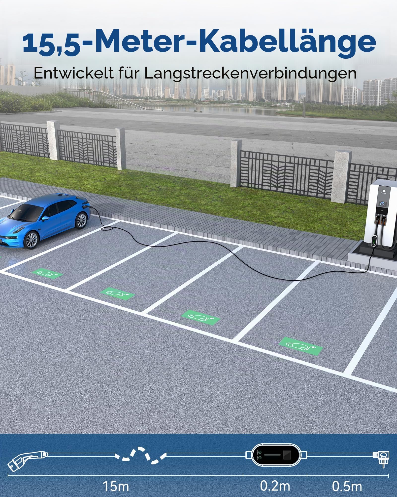 Ladekabel Elektroauto Typ 2 Schuko 3,68 kW (230 V, 16 A, 1-phasig, 15,5 m) | Mobile Wallbox/Tragbare Ladestation mit Display | für alle E-Autos & Plug-in-Hybride (PHEV)