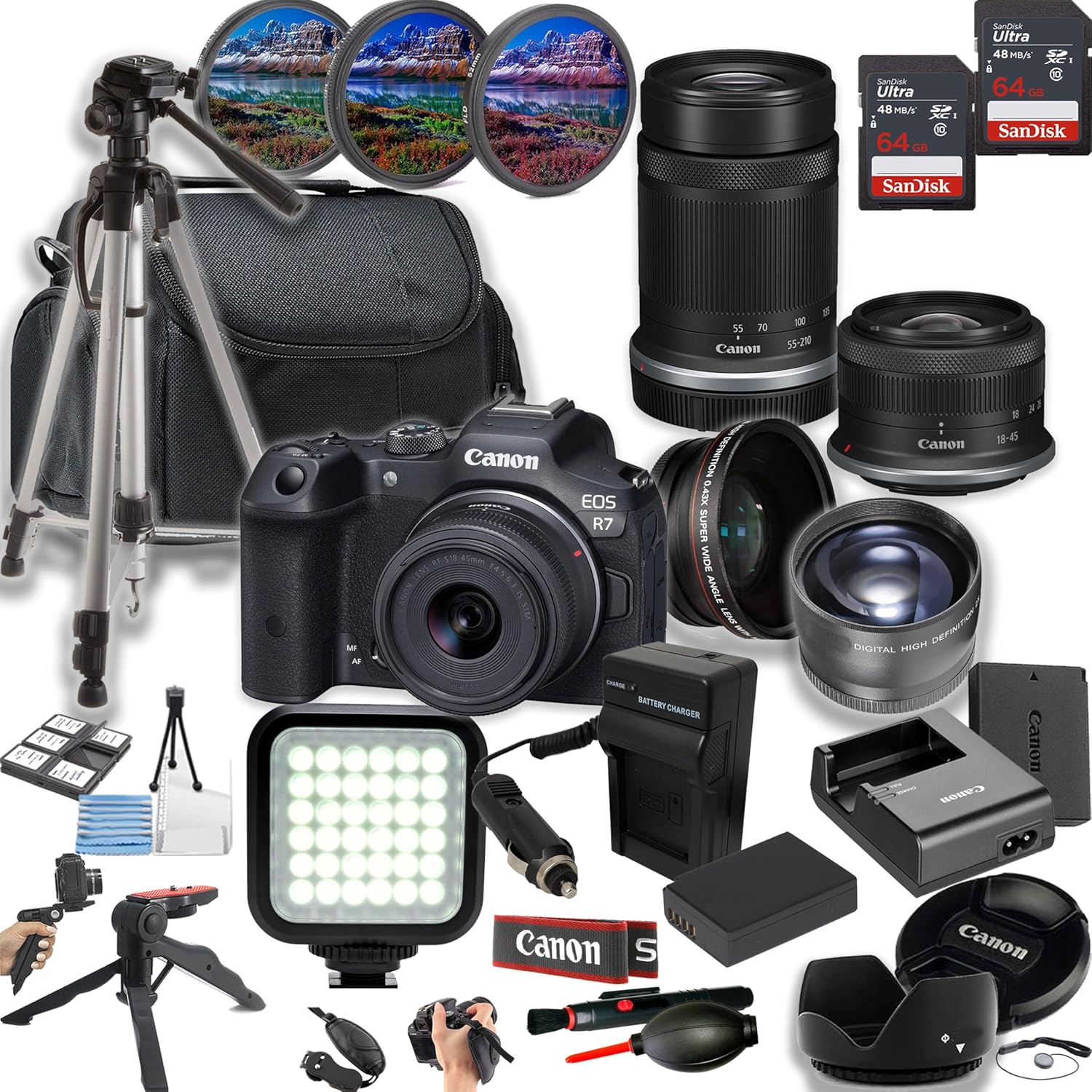 Canon EOS R7 Mirrorless Camera + 18-45mm & 55-210mm Lenses + LED Light + 128GB Memory + Lenses + Filters + Case + Tripod + Grips + Added Power, and More (28pc Bundle) (Renewed)