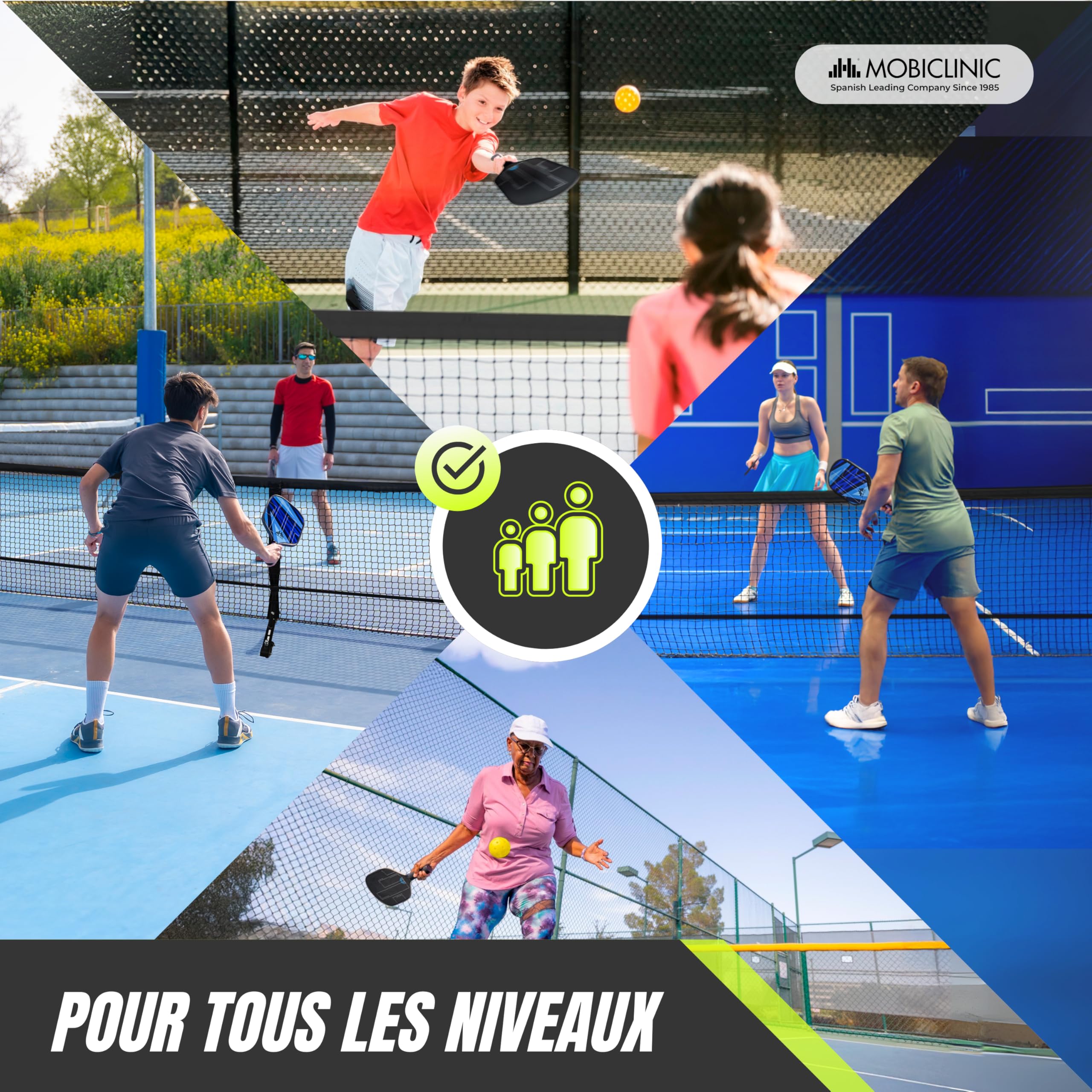 Mobiclinic®, Ensemble de Pickleball, Raquettes en Fibre de Verre, Balles D'intérieur et D'extérieur, Sac de Transport, Noyau en Polypropylène Alvéolé, Grip (4 Raquettes + 8 balles + Filet)