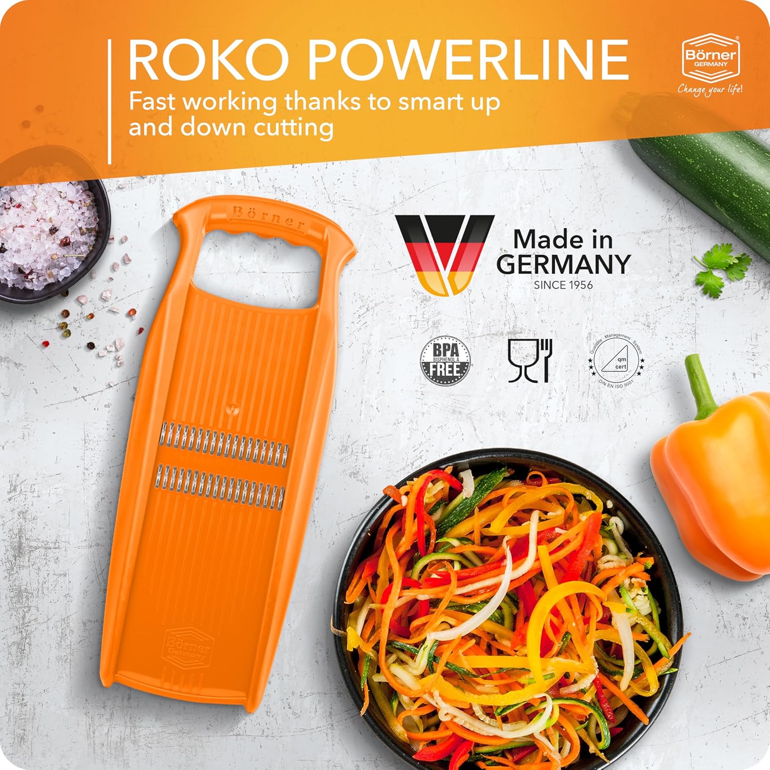 BORNER Roko PowerLine | Vegetable Grater Börner - Quality Made in Germany, Color:Orange
