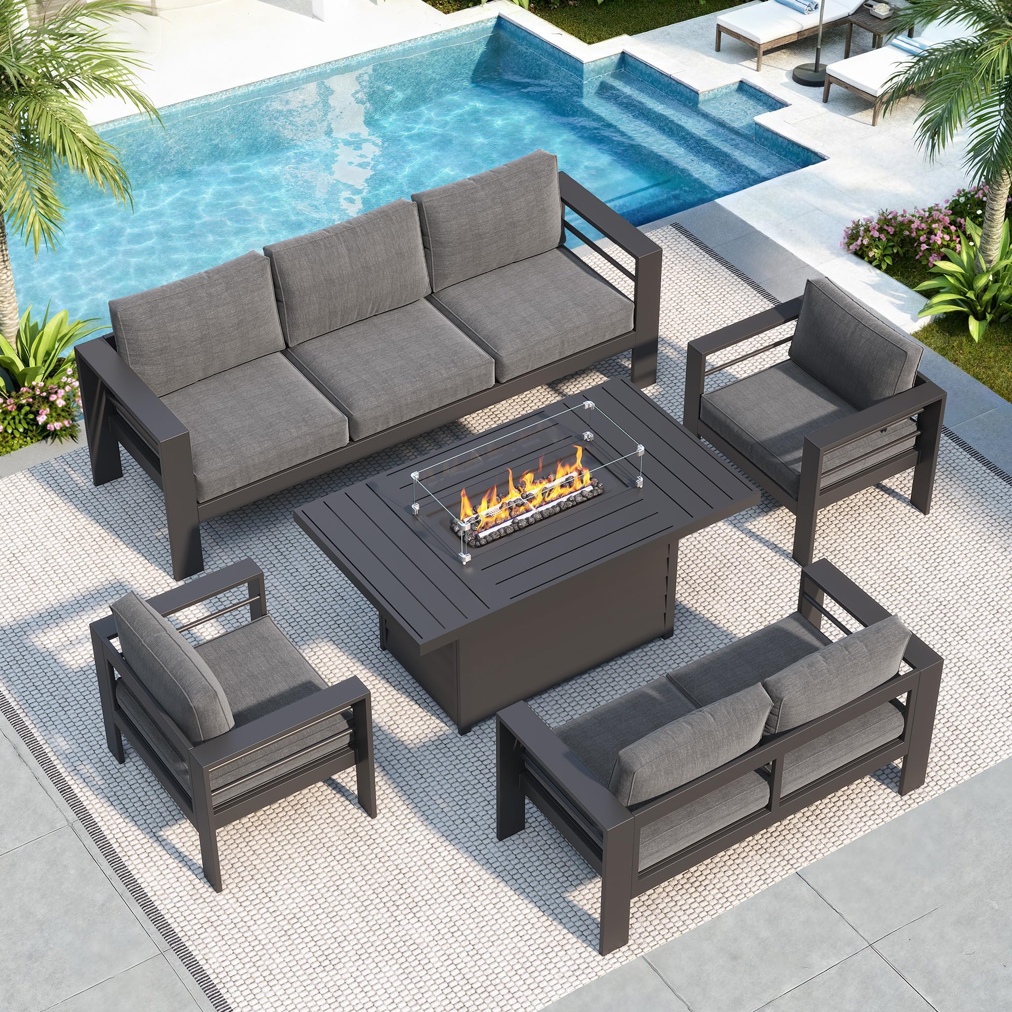 Solaste Aluminum Patio Furniture Set with 55" Fire Pit Table, 7 Seats Metal Outdoor Furniture with Water-Resistant Cushions, Modern Patio Conversation Set for Balcony, Front Porch, and Backyard, Grey